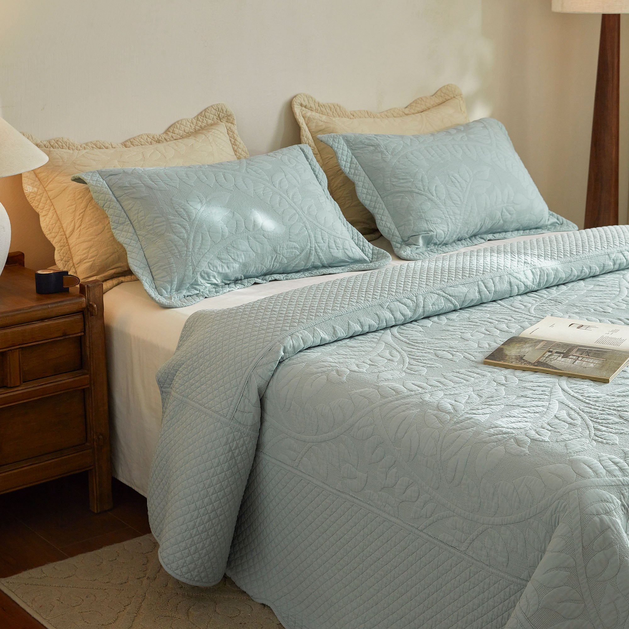 3-Pcs 100% Cotton Oversized Quilt Bedspread Set Embroidery T