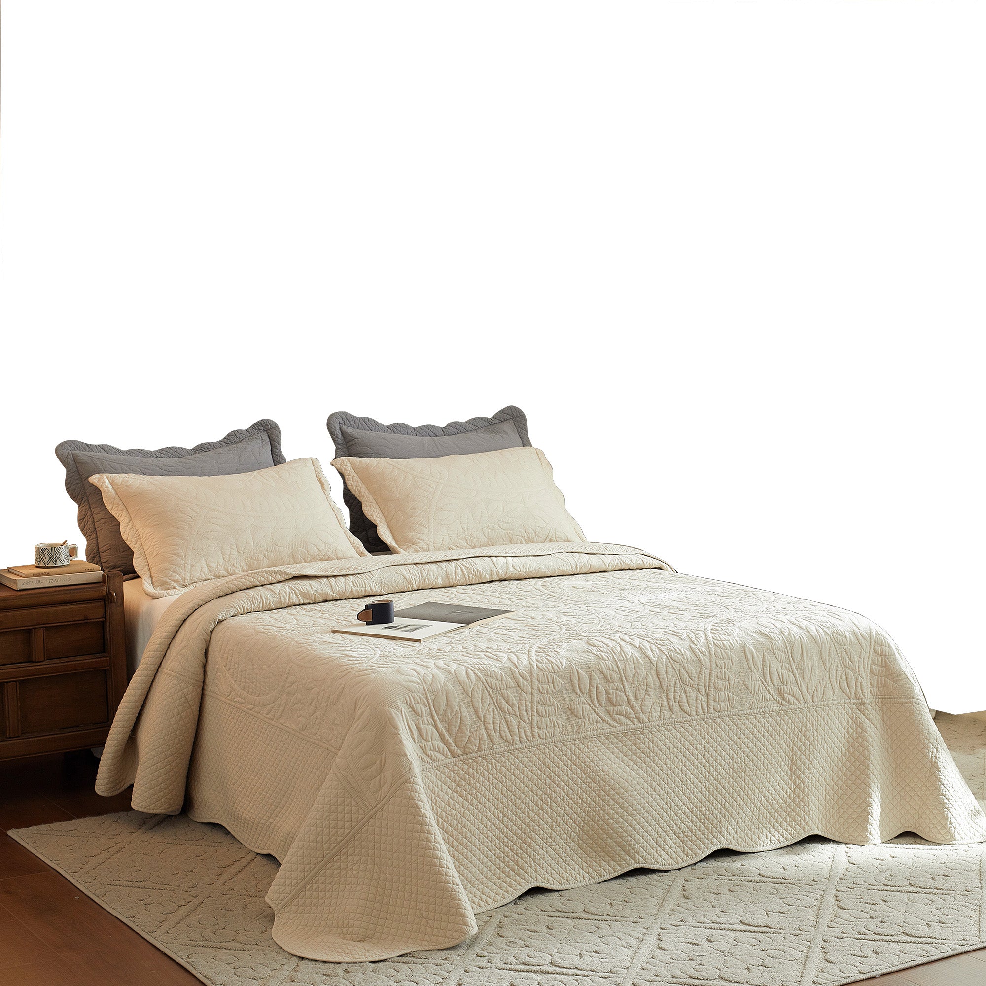 3-Pcs 100% Cotton Oversized Quilt Bedspread Set Embroidery T