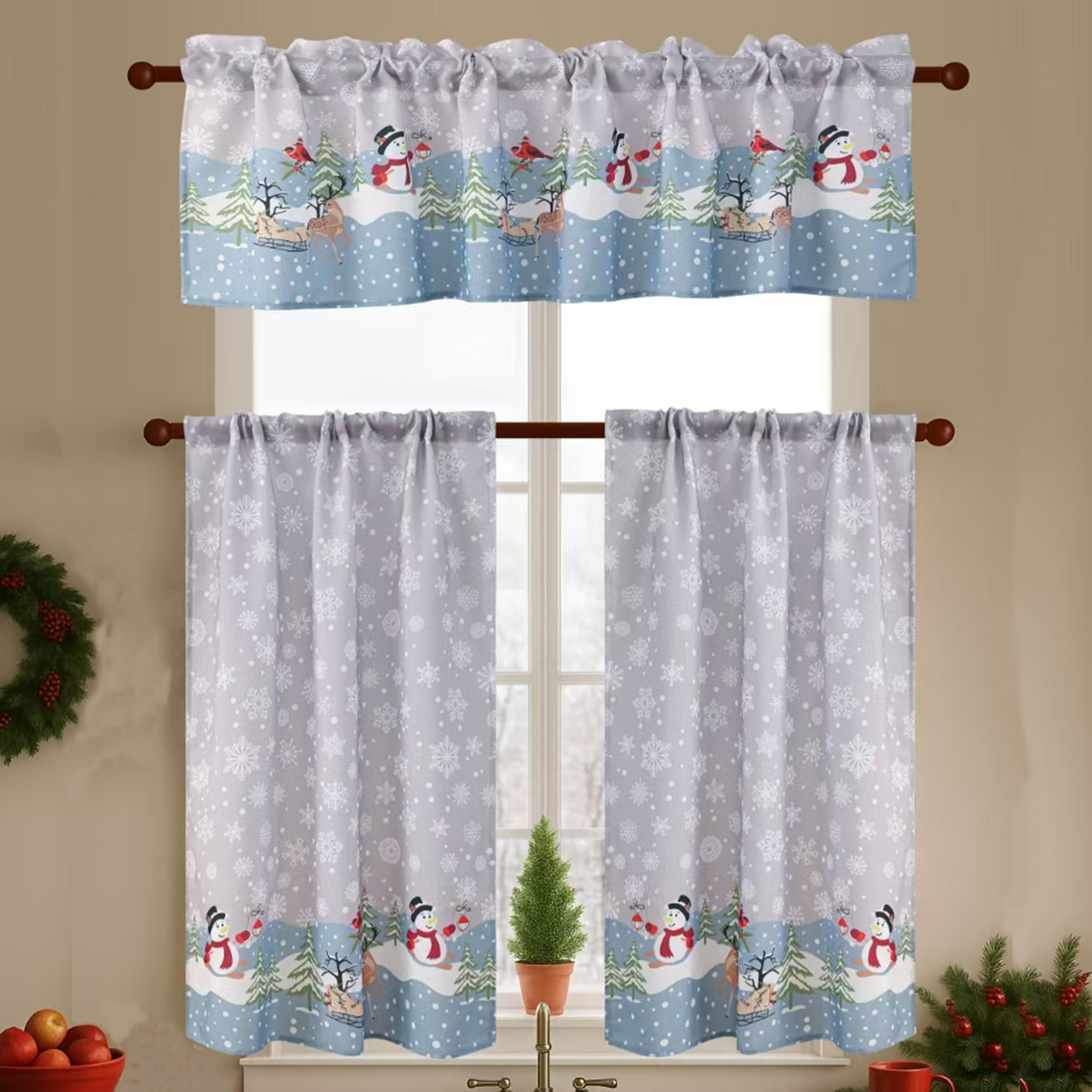 Christmas Kitchen Curtains 3 Piece Set – Snowman Holiday Valance & Tiers
