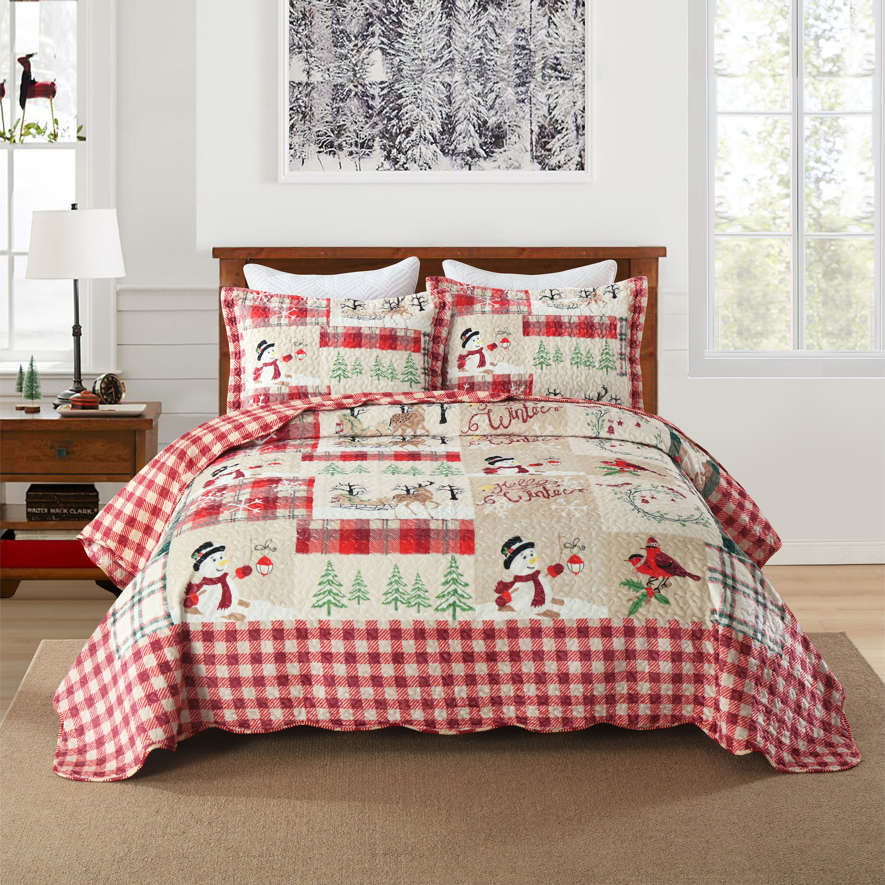 3 Piece Velvet Quilted Christmas Quilt Bedspread Set BYV207