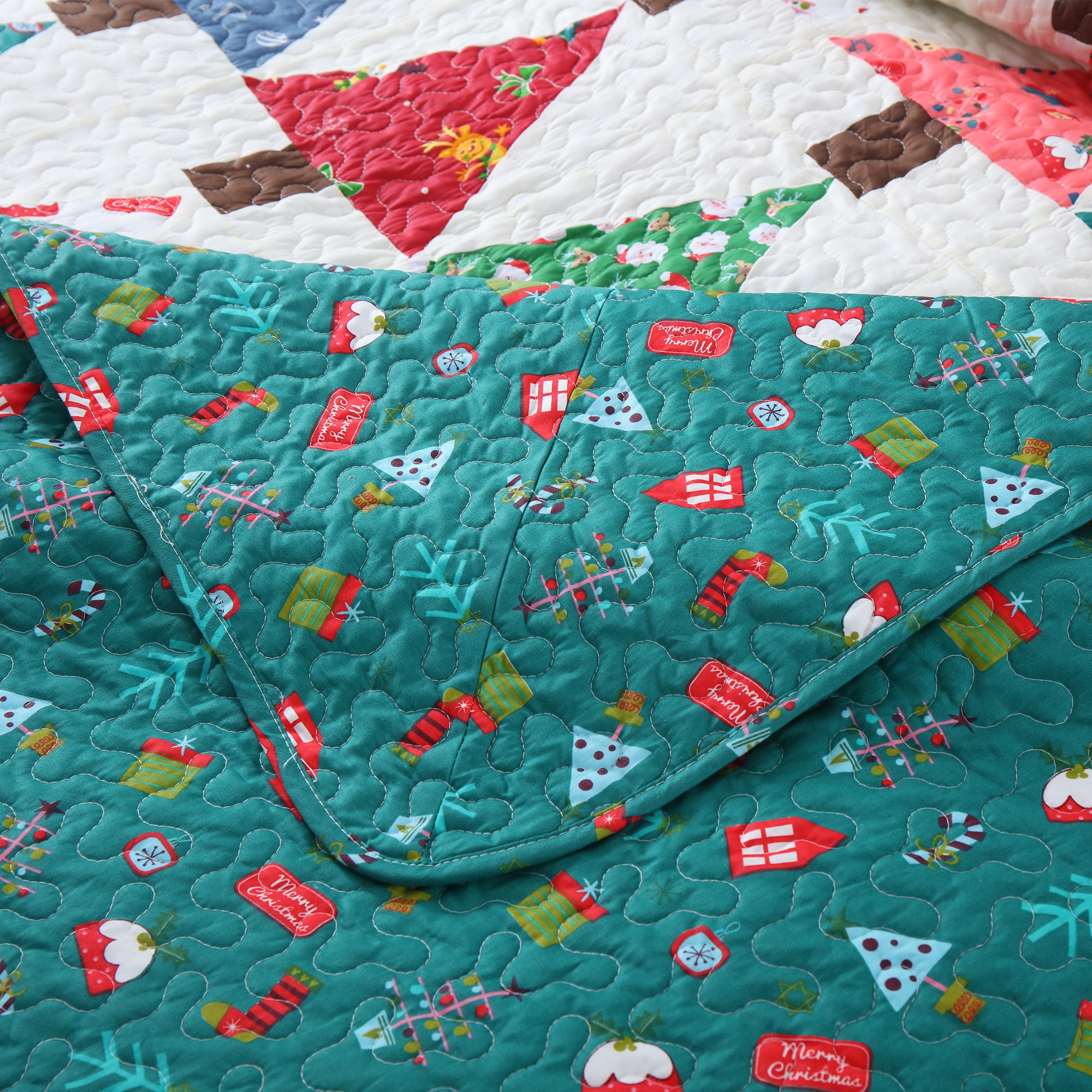 Handcrafted Christmas Patchwork Cotton Quilt Bedspread Set - 3-Piece Vintage Style Holiday Bedding PW101