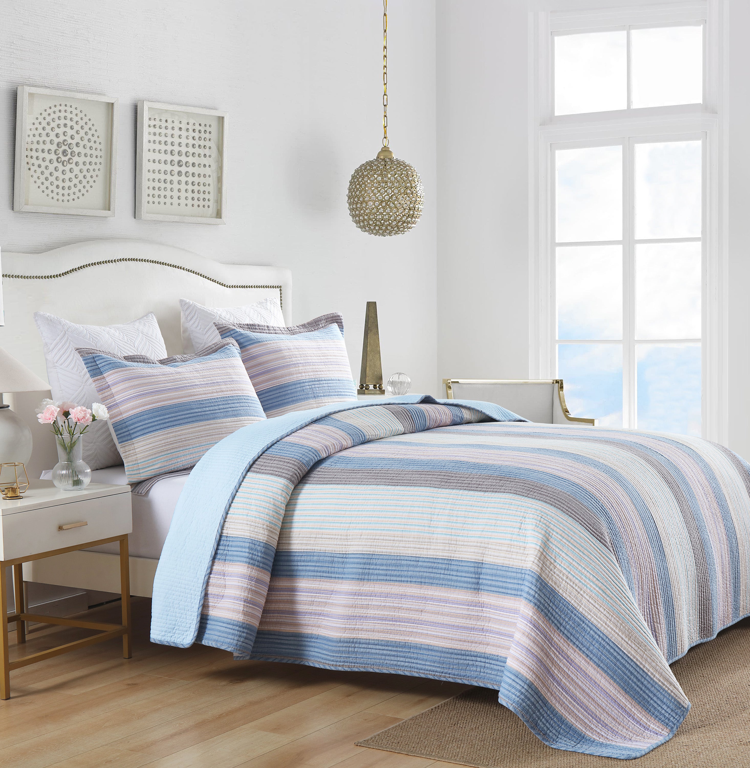 3 Piece 100% Cotton Striped Lightweight Quilt Bedspread Set CP323