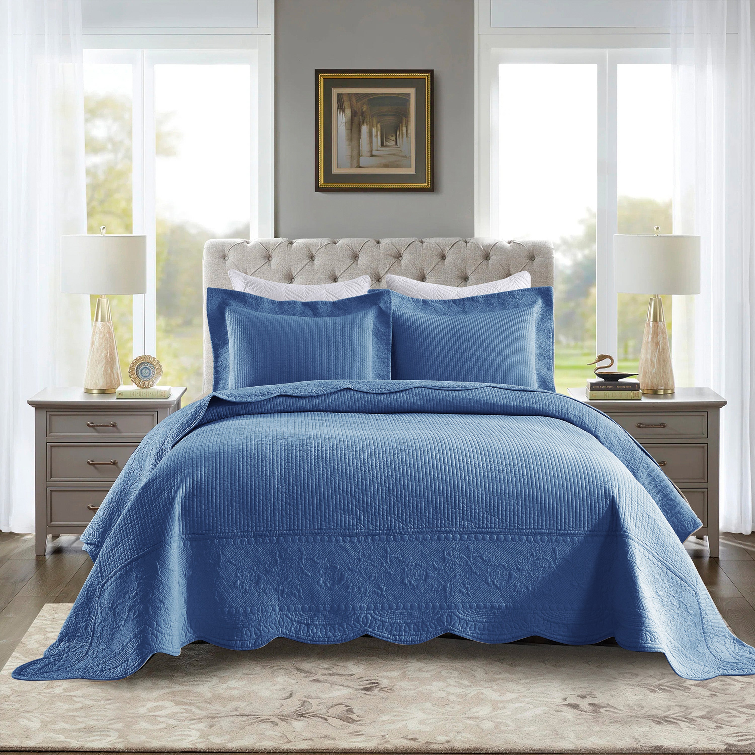 3 Piece 100% Cotton Quilt Set, Oversized Lightweight Textured Bedspread TG