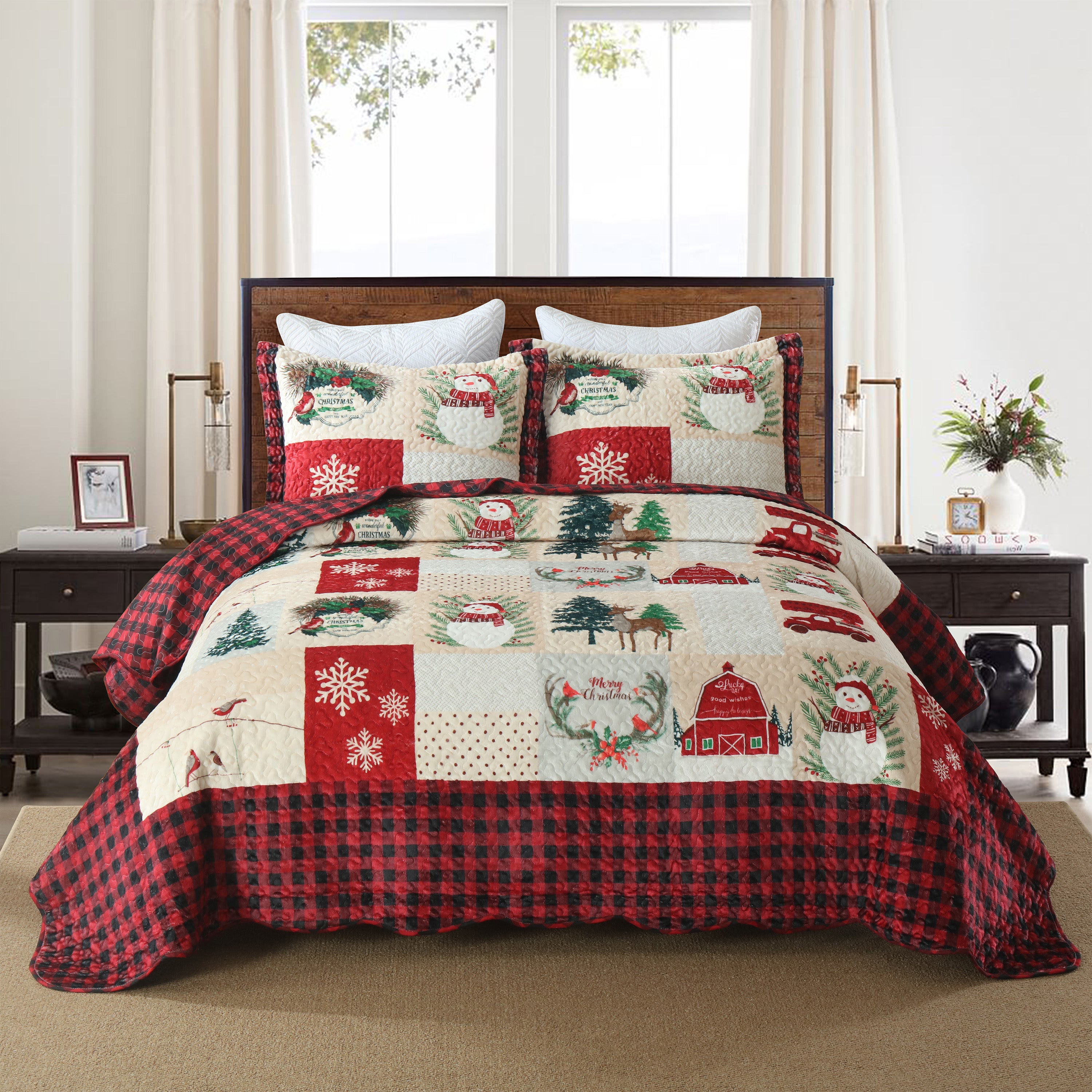 3 Piece Velvet Quilted Christmas Quilt Bedspread Set BYV208