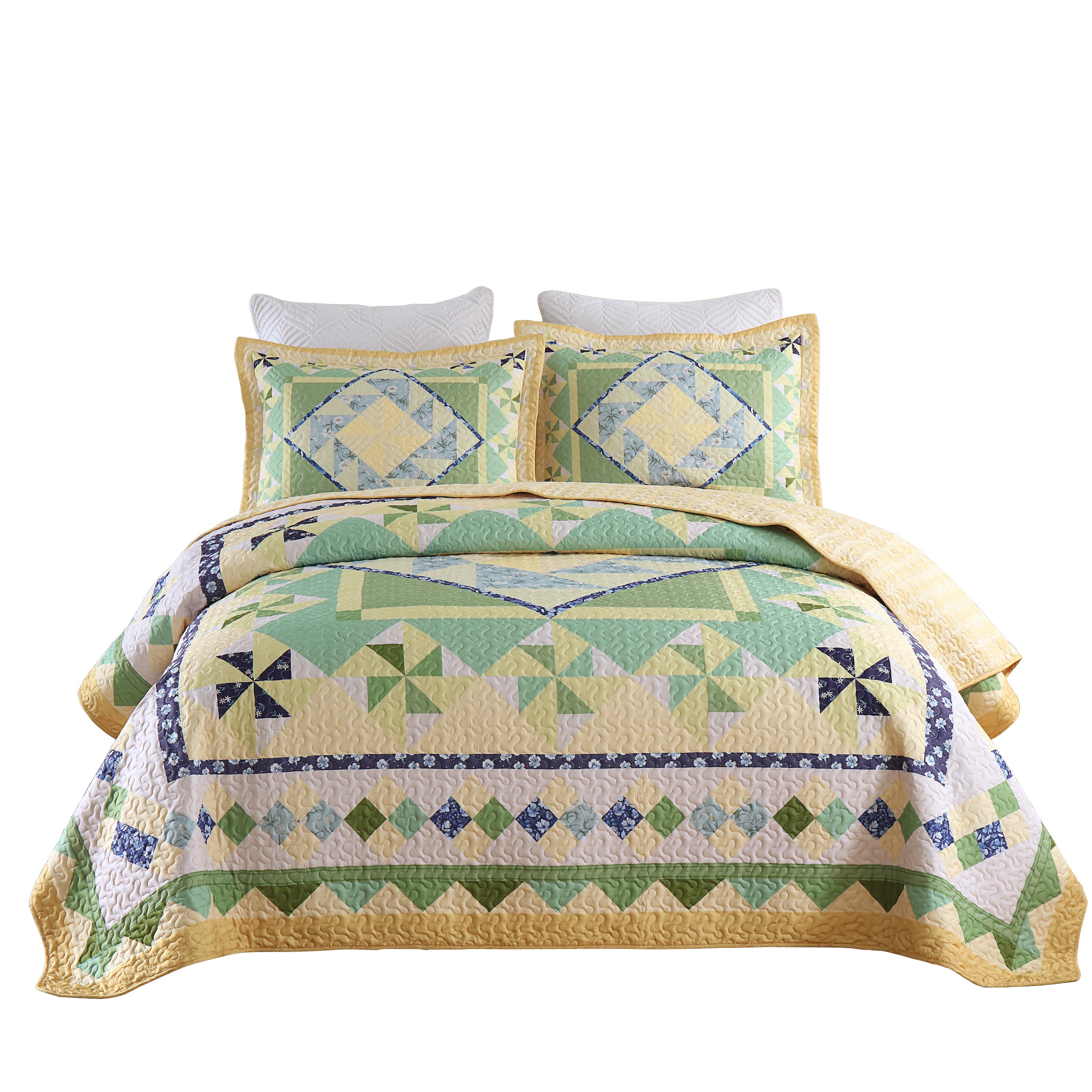 3 Piece Patchwork Quilt Set, Geometric Bedspread Lightweight B197