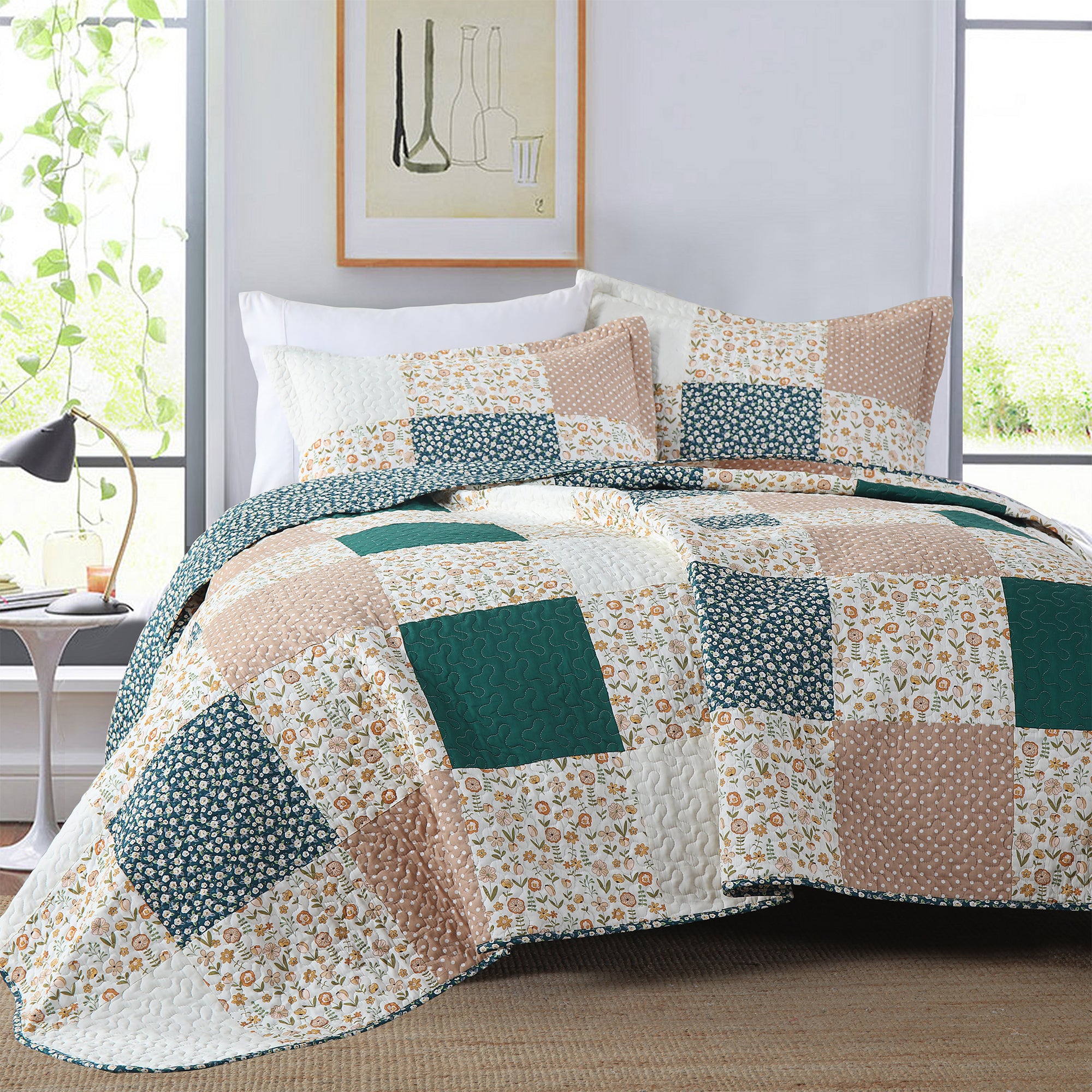 Handcrafted Patchwork Cotton Quilt Bedspread Set - 3-Piece Vintage Style Holiday Bedding PW102