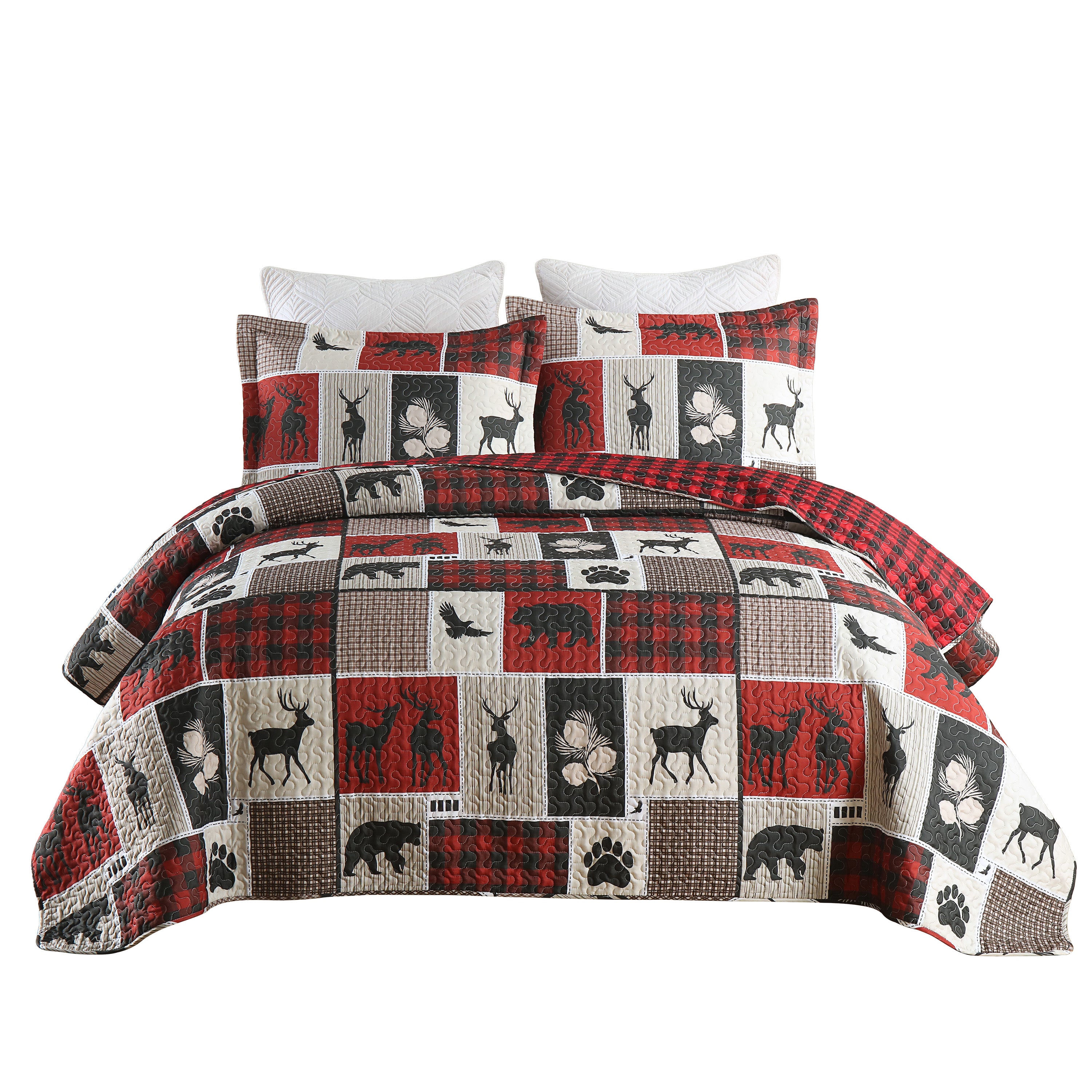 3 Piece Rustic Lodge Quilt Set, Bear Moose Plaid Patchwork Bedspread B195
