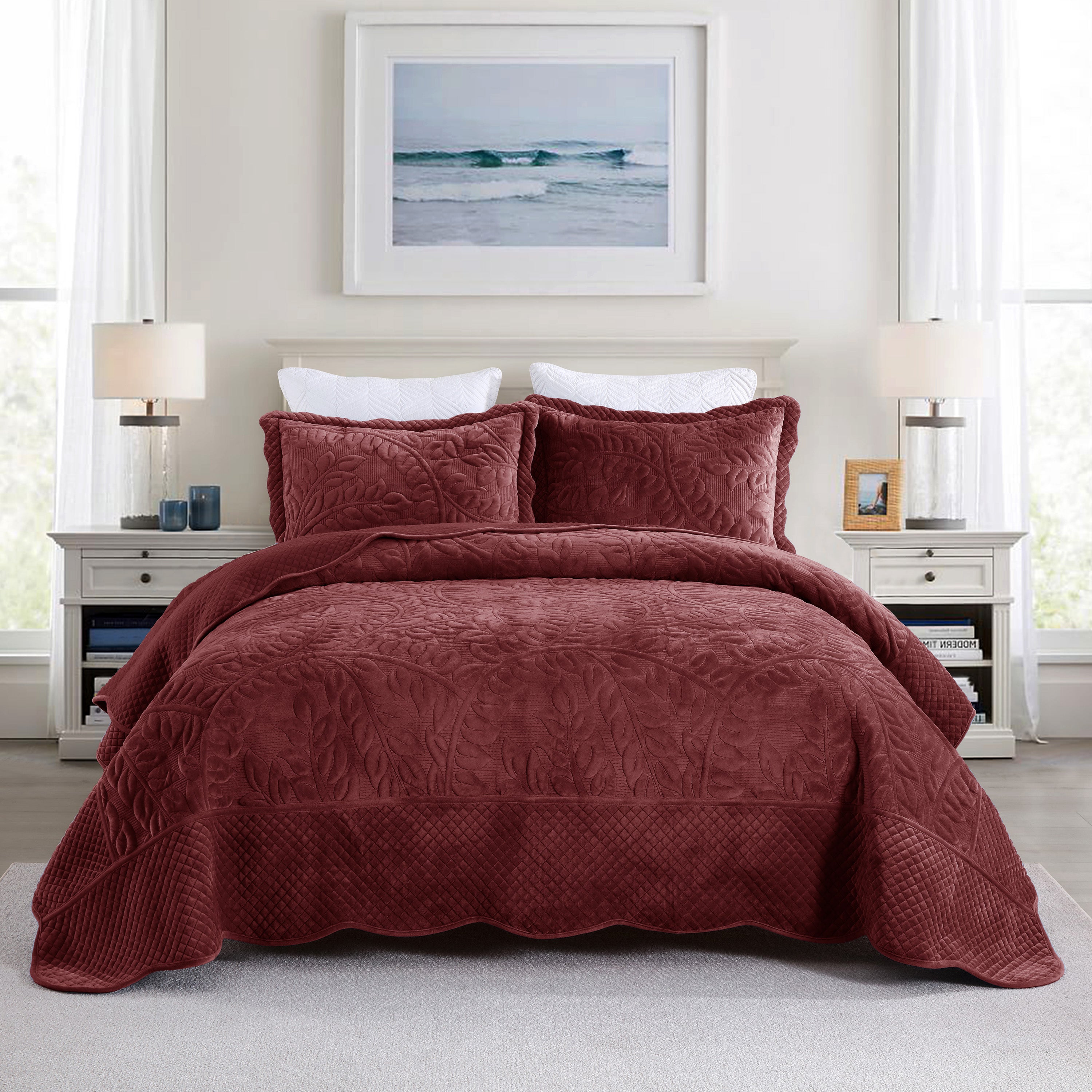3 Piece Oversized Luxury Velvet Quilt Set Leaf Embroidered Bedspread