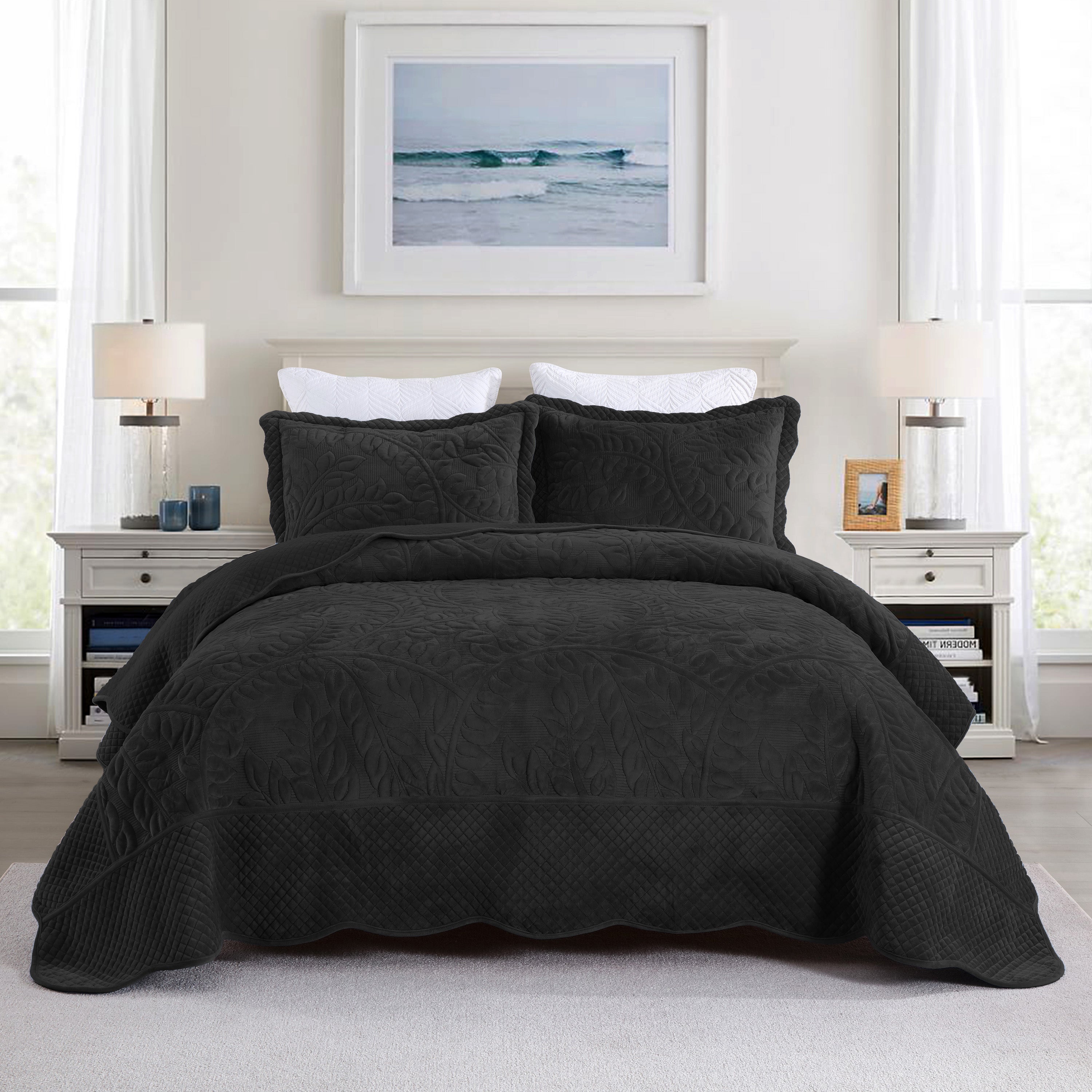 3 Piece Oversized Luxury Velvet Quilt Set Leaf Embroidered Bedspread
