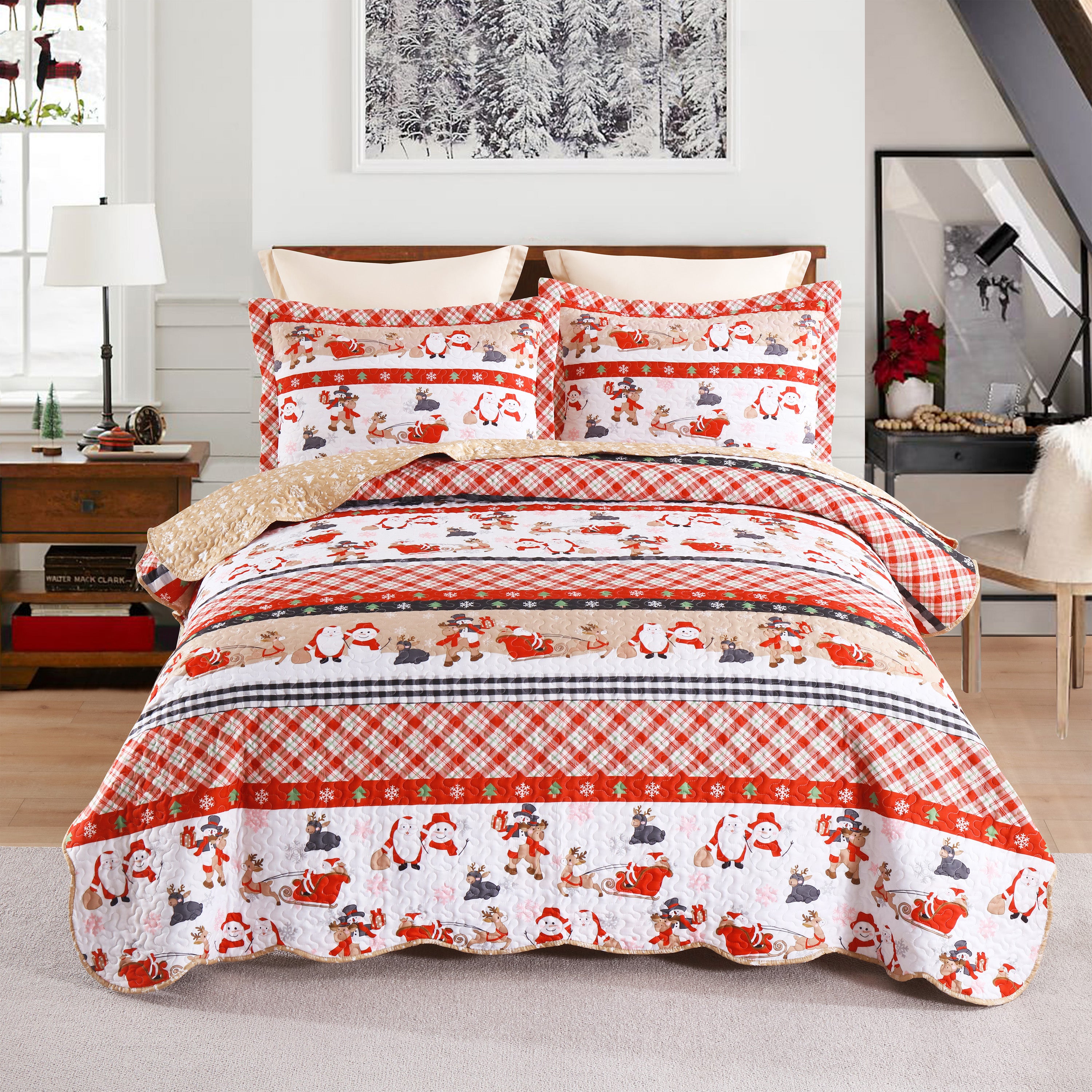 Christmas 3 Piece Quilt Set Santa Claus Printed Bedspread