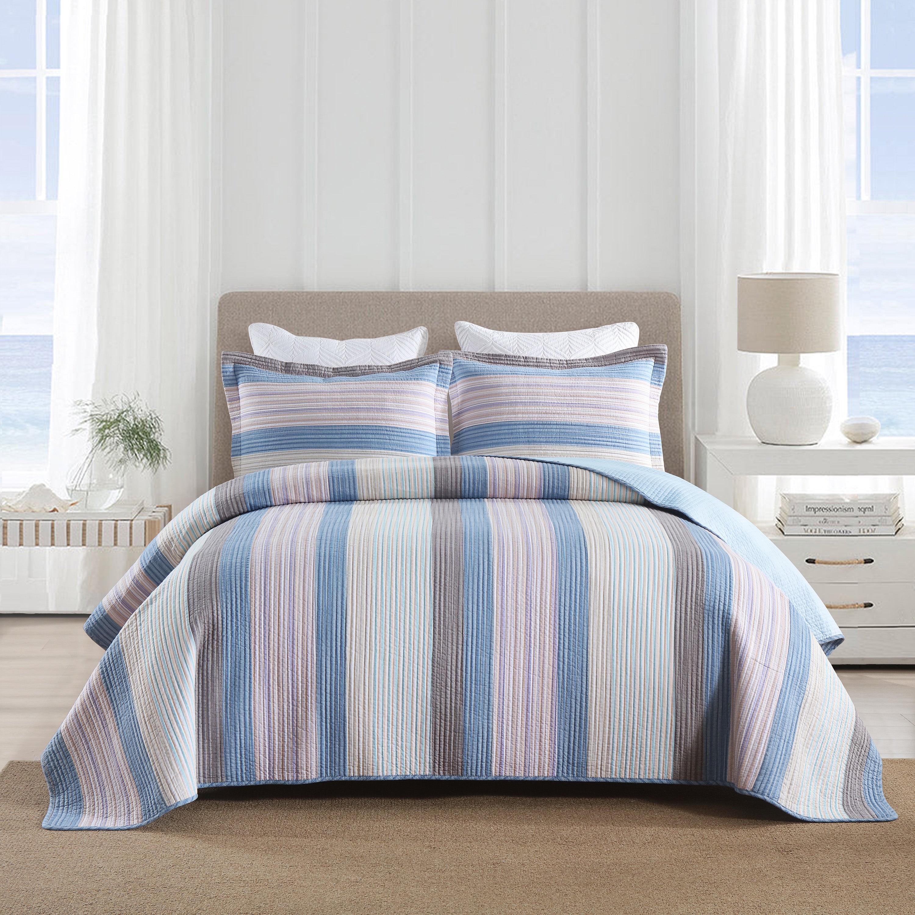 3 Piece 100% Cotton Striped Lightweight Quilt Bedspread Set CP323