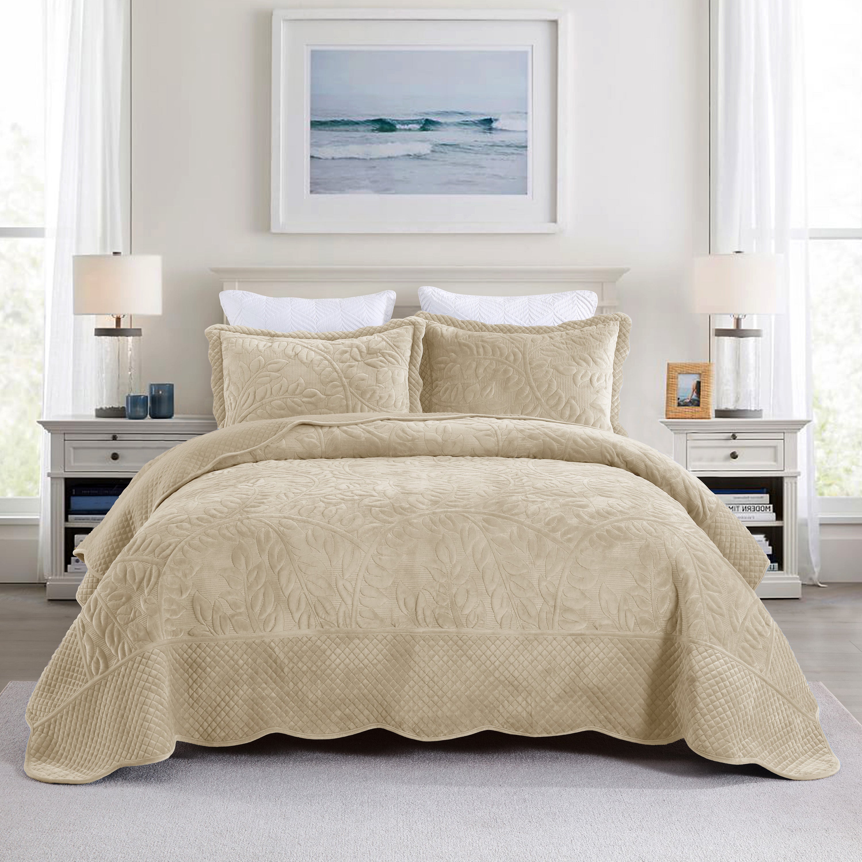 3 Piece Oversized Luxury Velvet Quilt Set Leaf Embroidered Bedspread