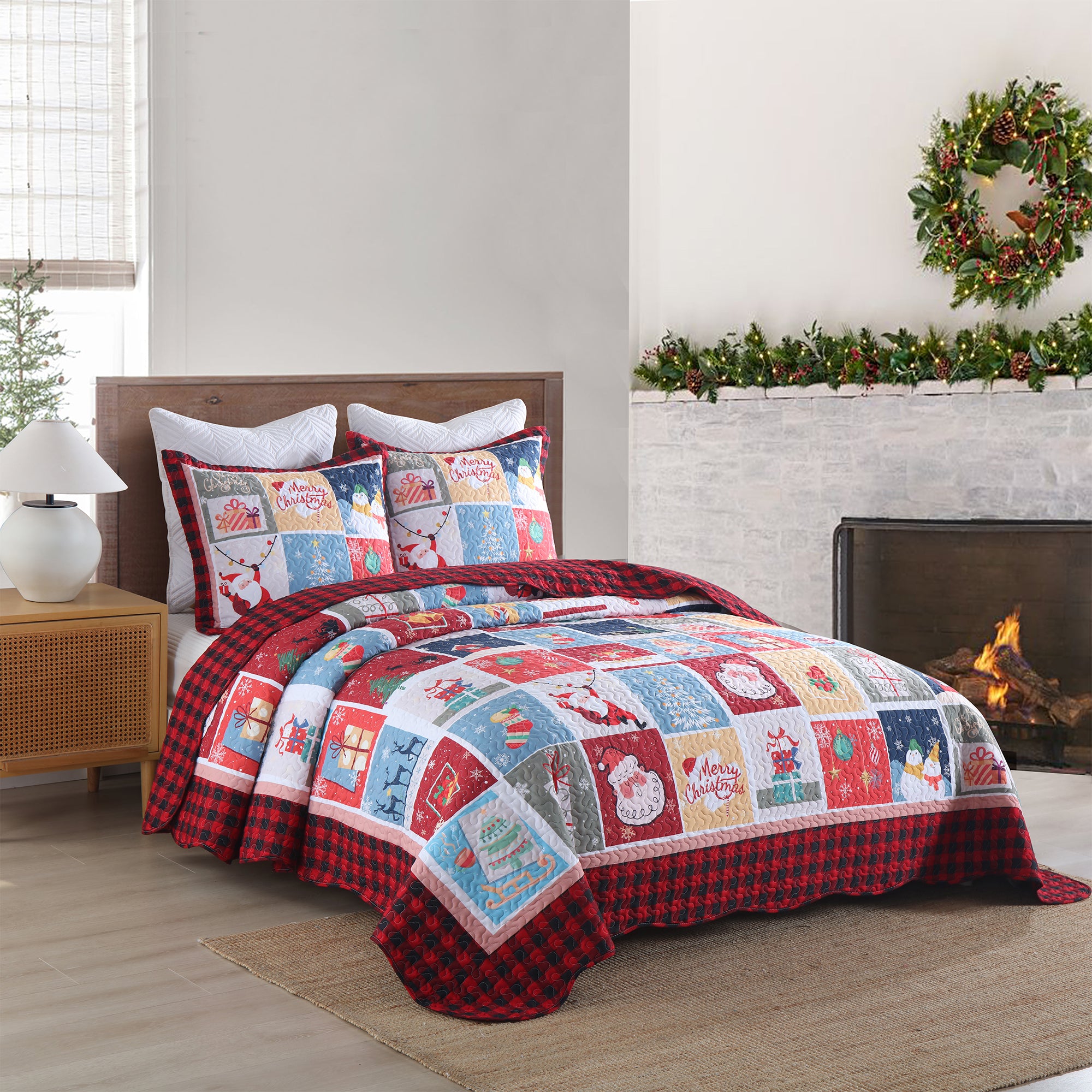 3 Piece Christmas Quilt Set, Santa Patchwork Plaid Bedspread C104