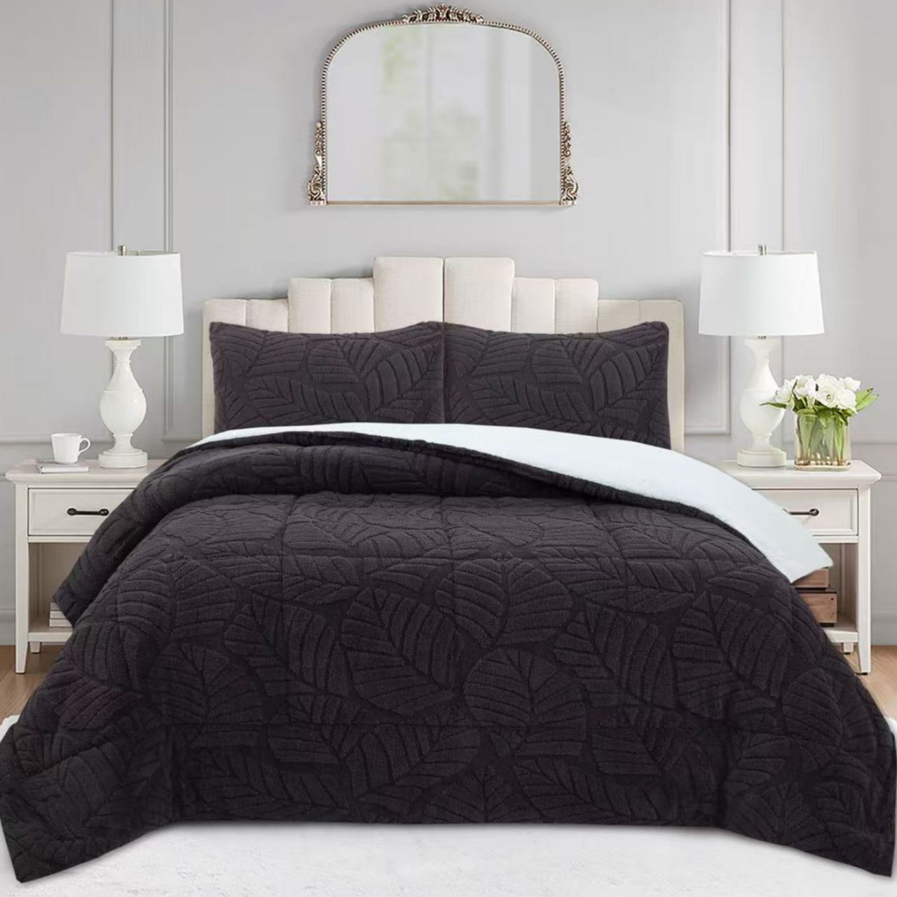 Soft 3 Piece Leaf Pattern Jacquard Plush Comforter Set MEL
