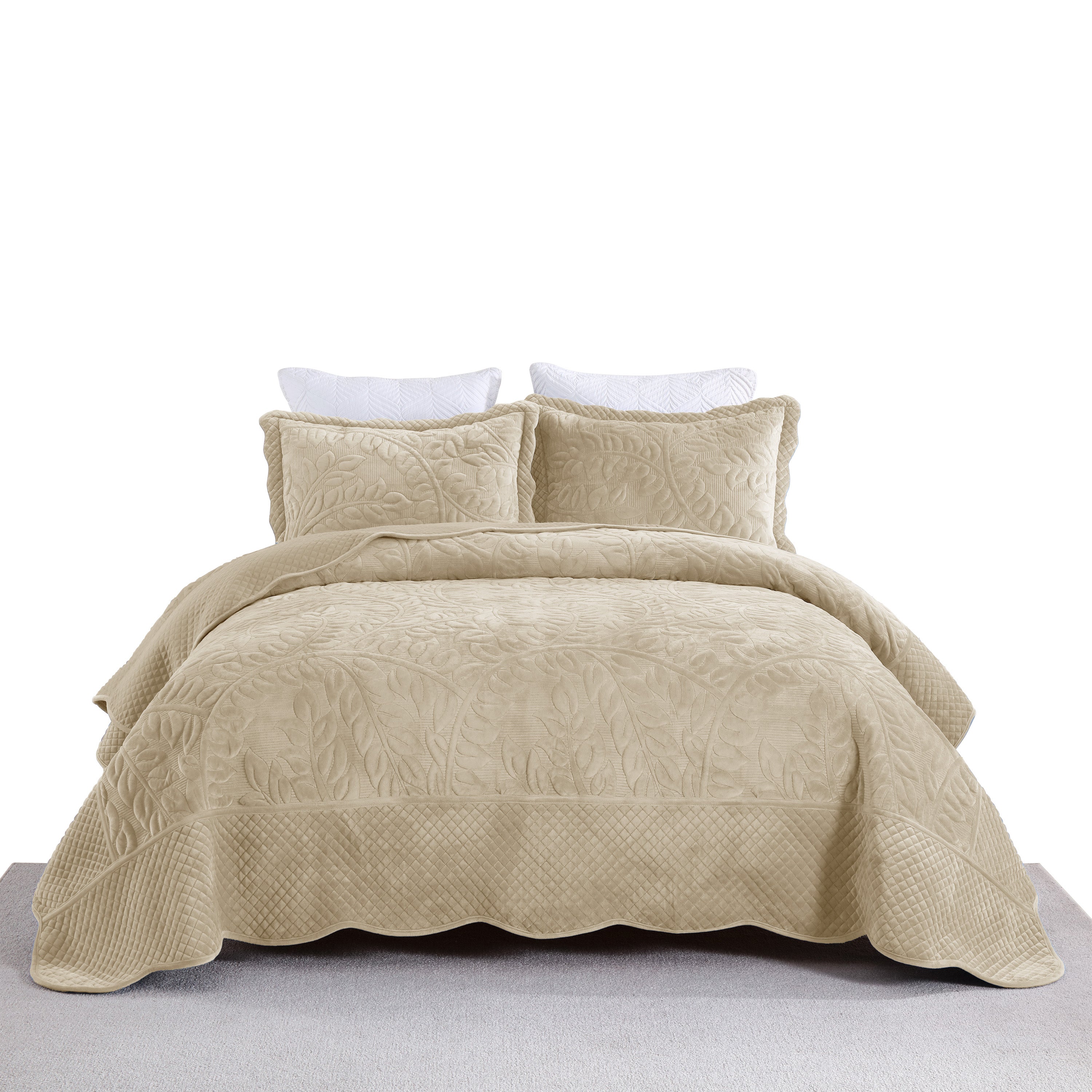 3 Piece Oversized Luxury Velvet Quilt Set Leaf Embroidered Bedspread