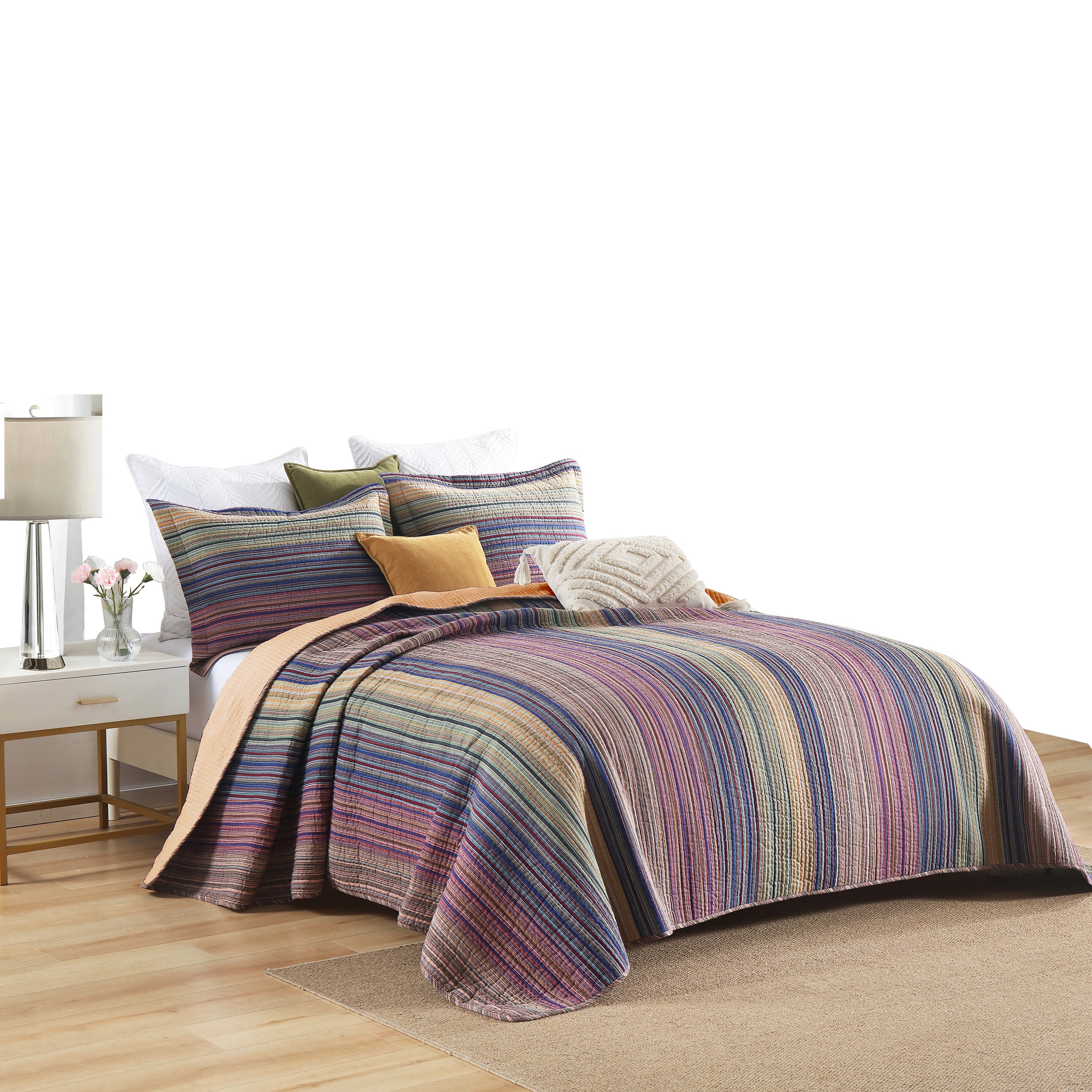 3 Piece 100% Cotton Striped Quilt Bedspread Set CP324