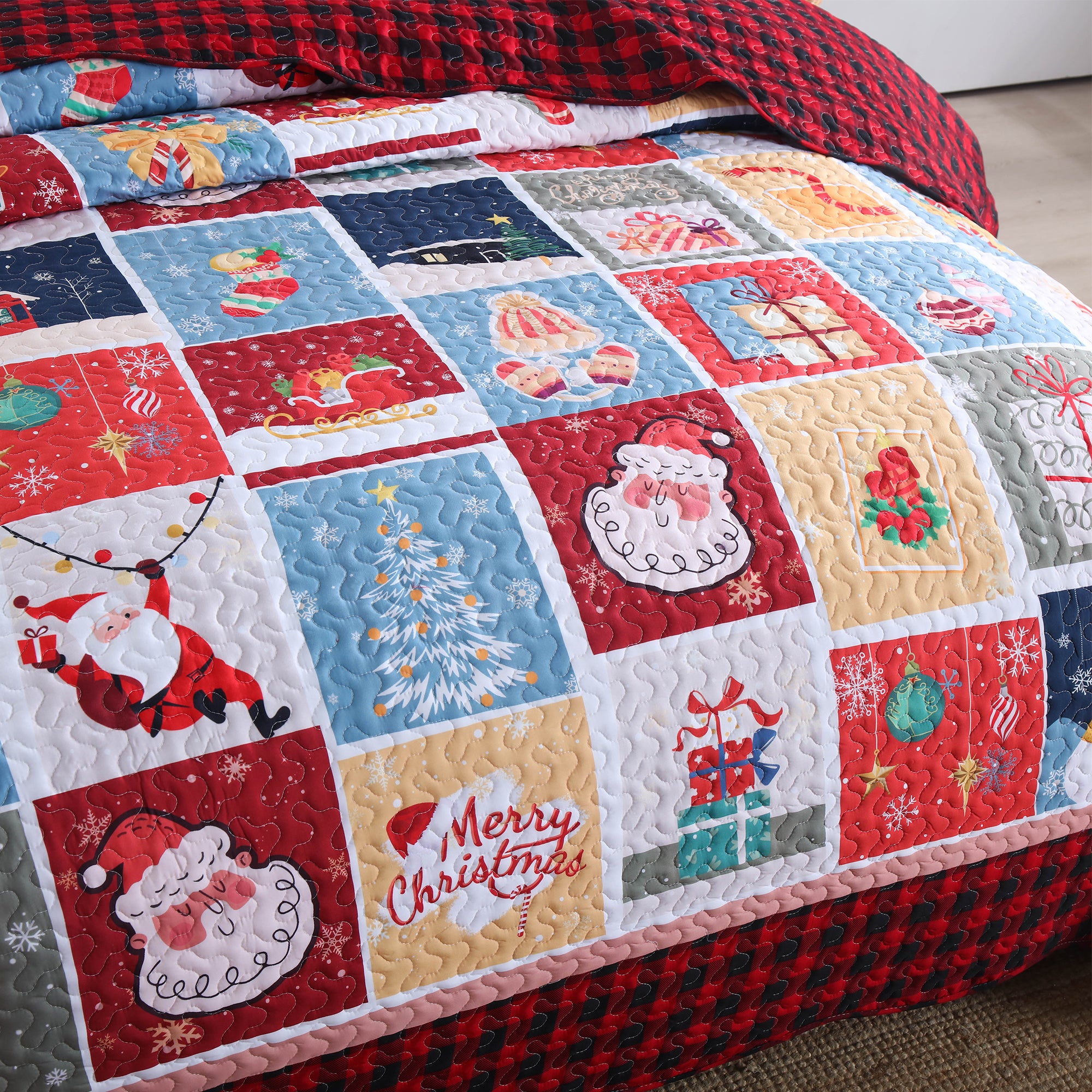 3 Piece Christmas Quilt Set, Santa Patchwork Plaid Bedspread C104