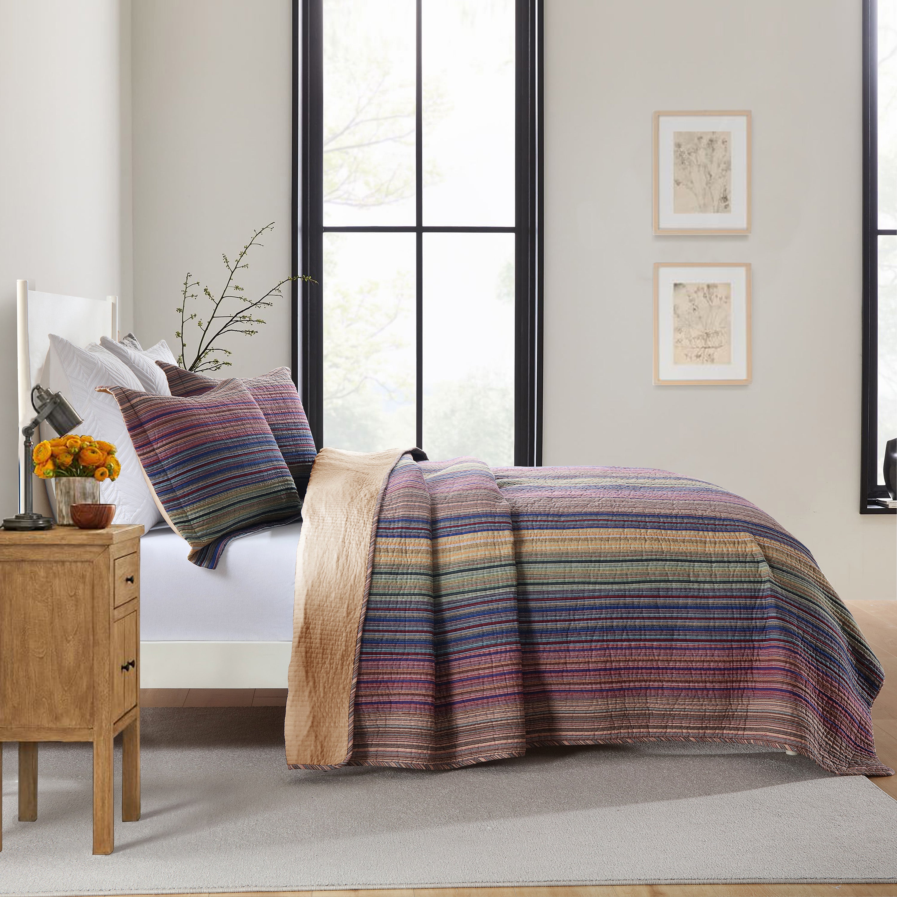 3 Piece 100% Cotton Striped Quilt Bedspread Set CP324