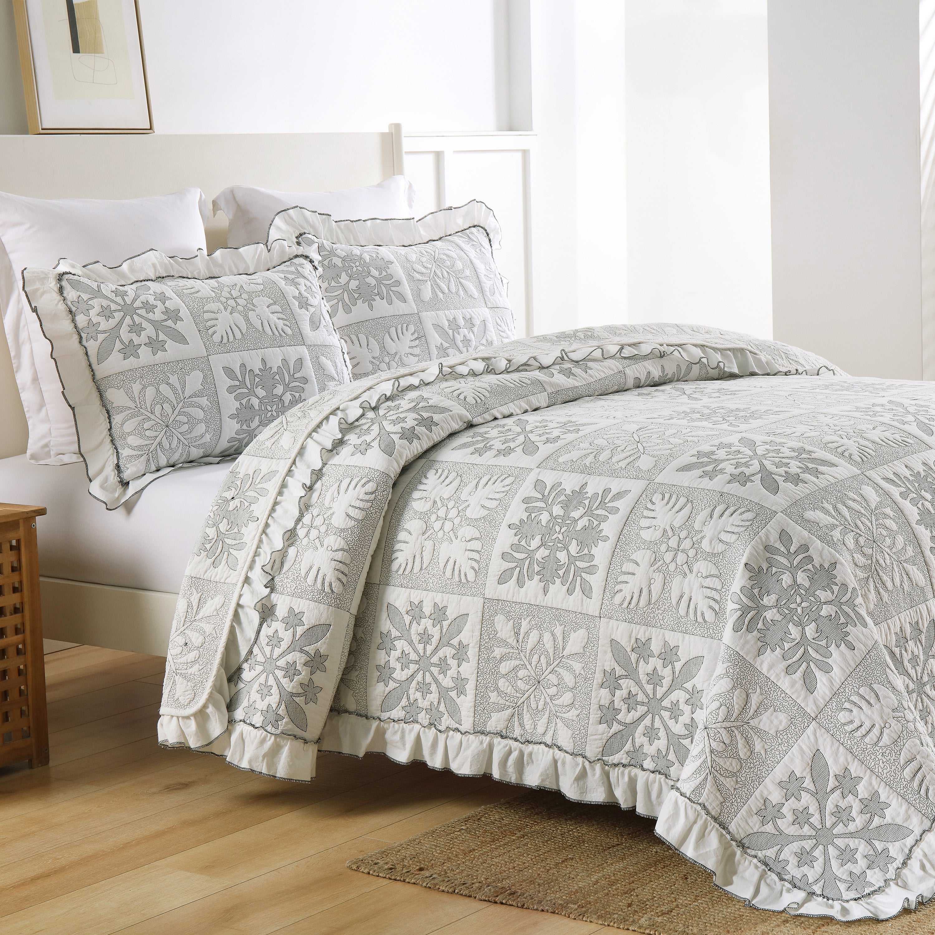 3 Piece 100% Cotton Embroidered Quilt Bedspread Set TJ