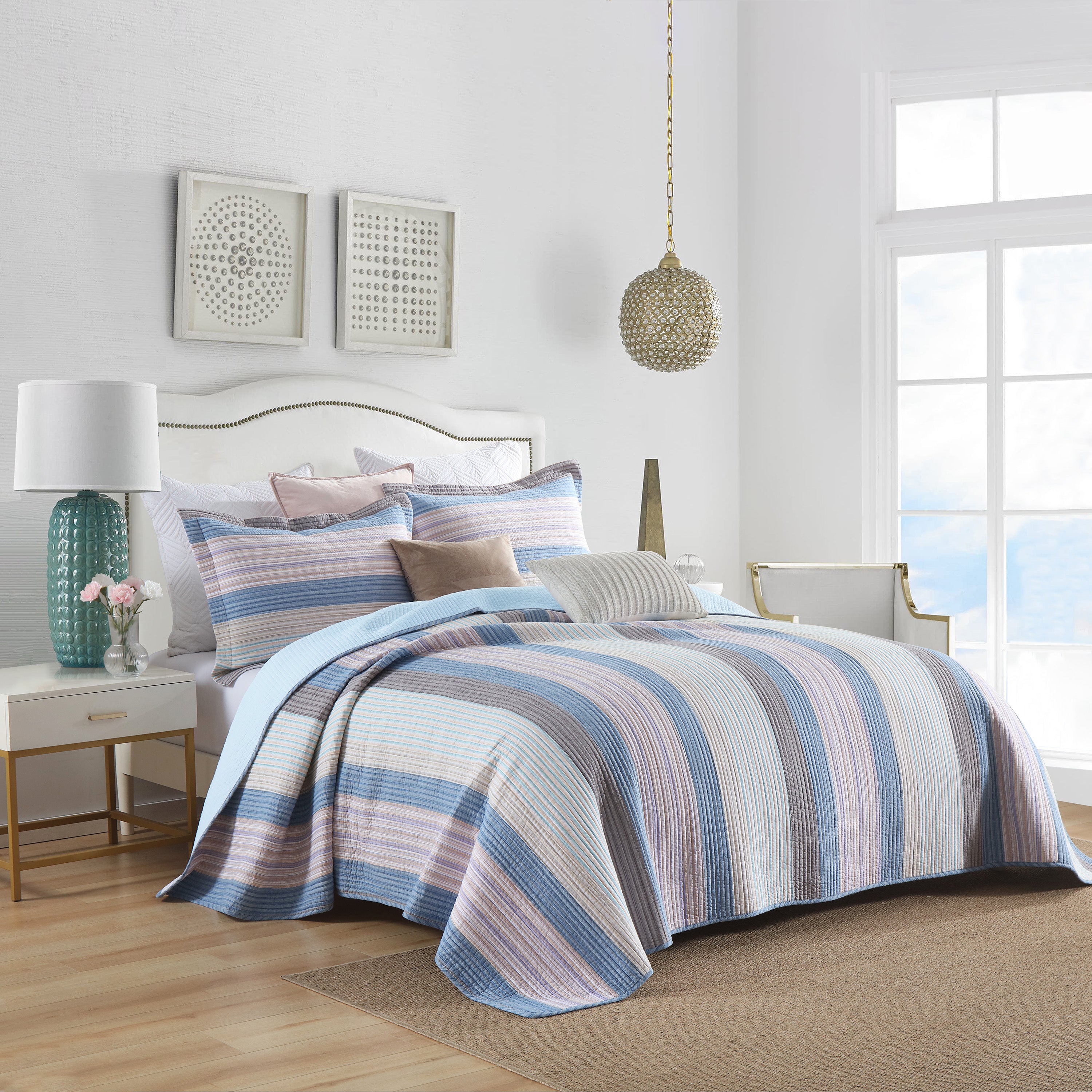 3 Piece 100% Cotton Striped Lightweight Quilt Bedspread Set CP323