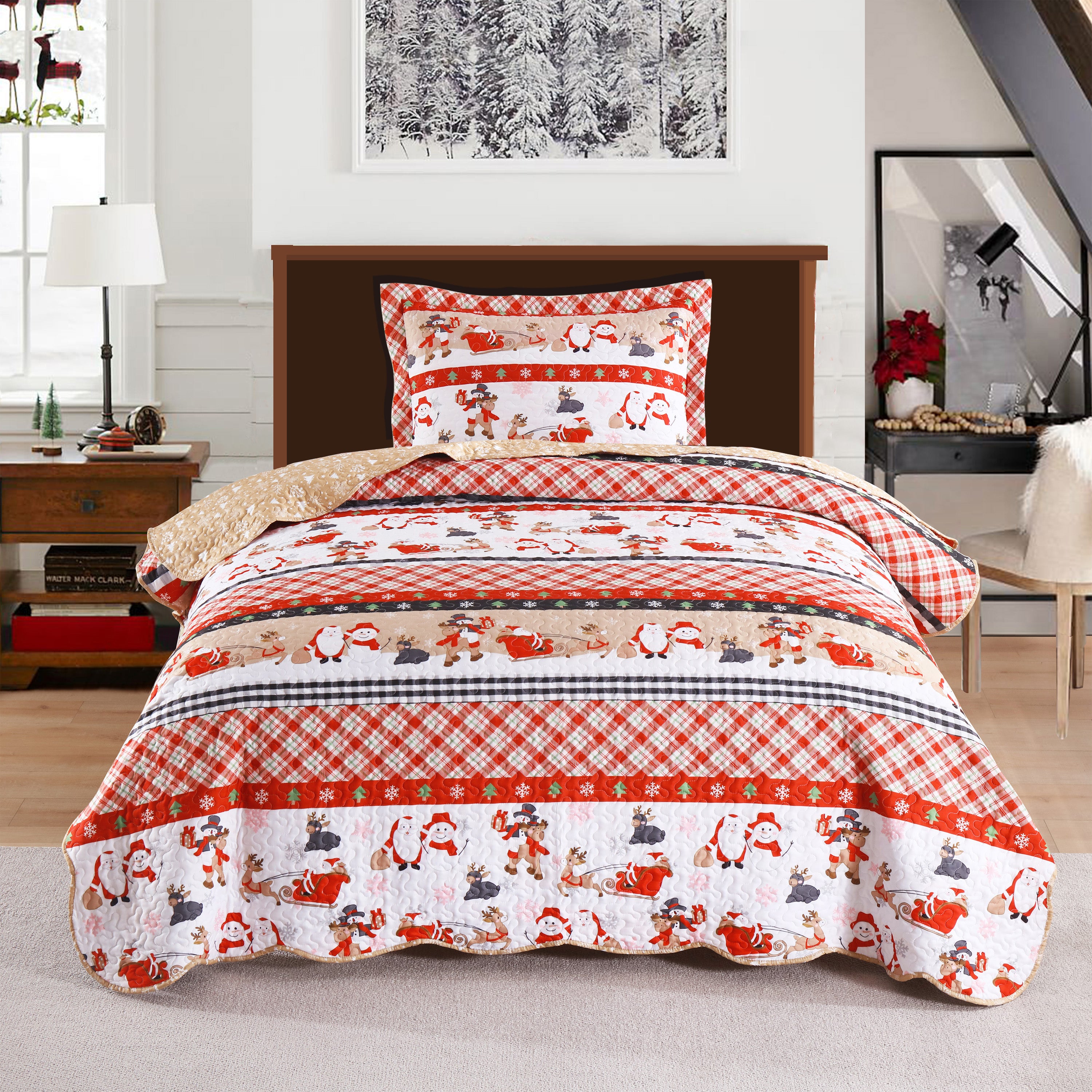 Christmas 3 Piece Quilt Set Santa Claus Printed Bedspread