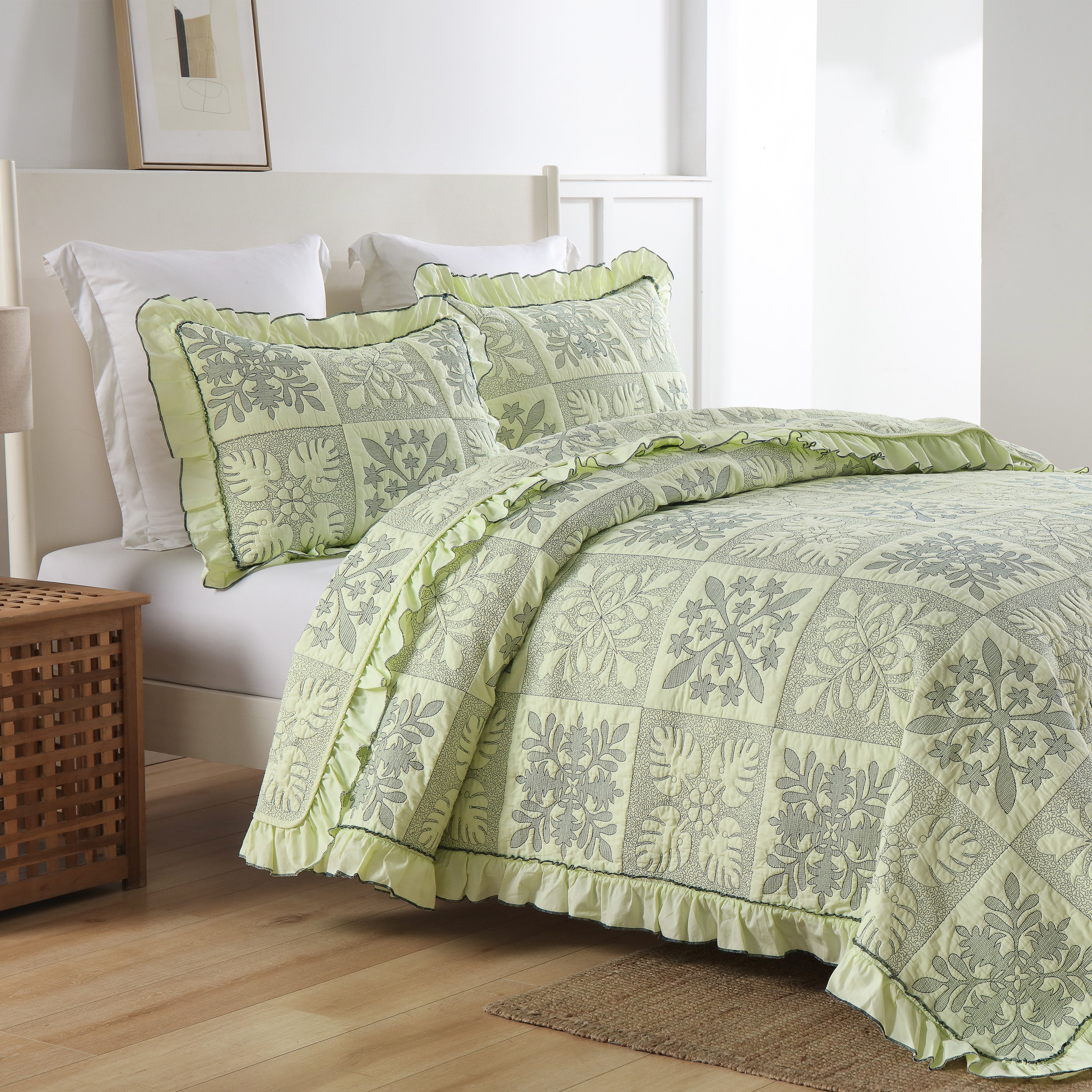 3 Piece 100% Cotton Embroidered Quilt Bedspread Set TJ