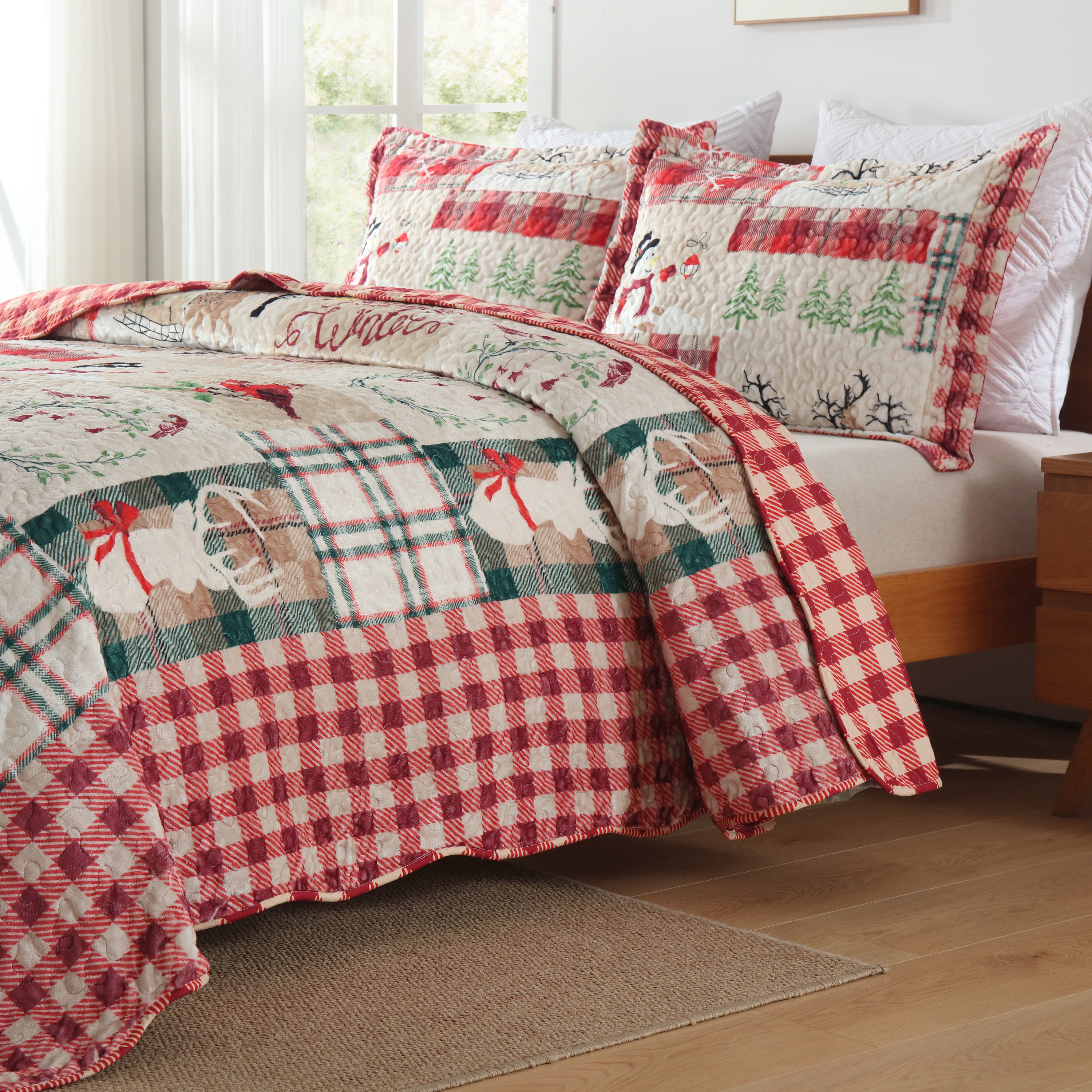 3 Piece Velvet Quilted Christmas Quilt Bedspread Set BYV207
