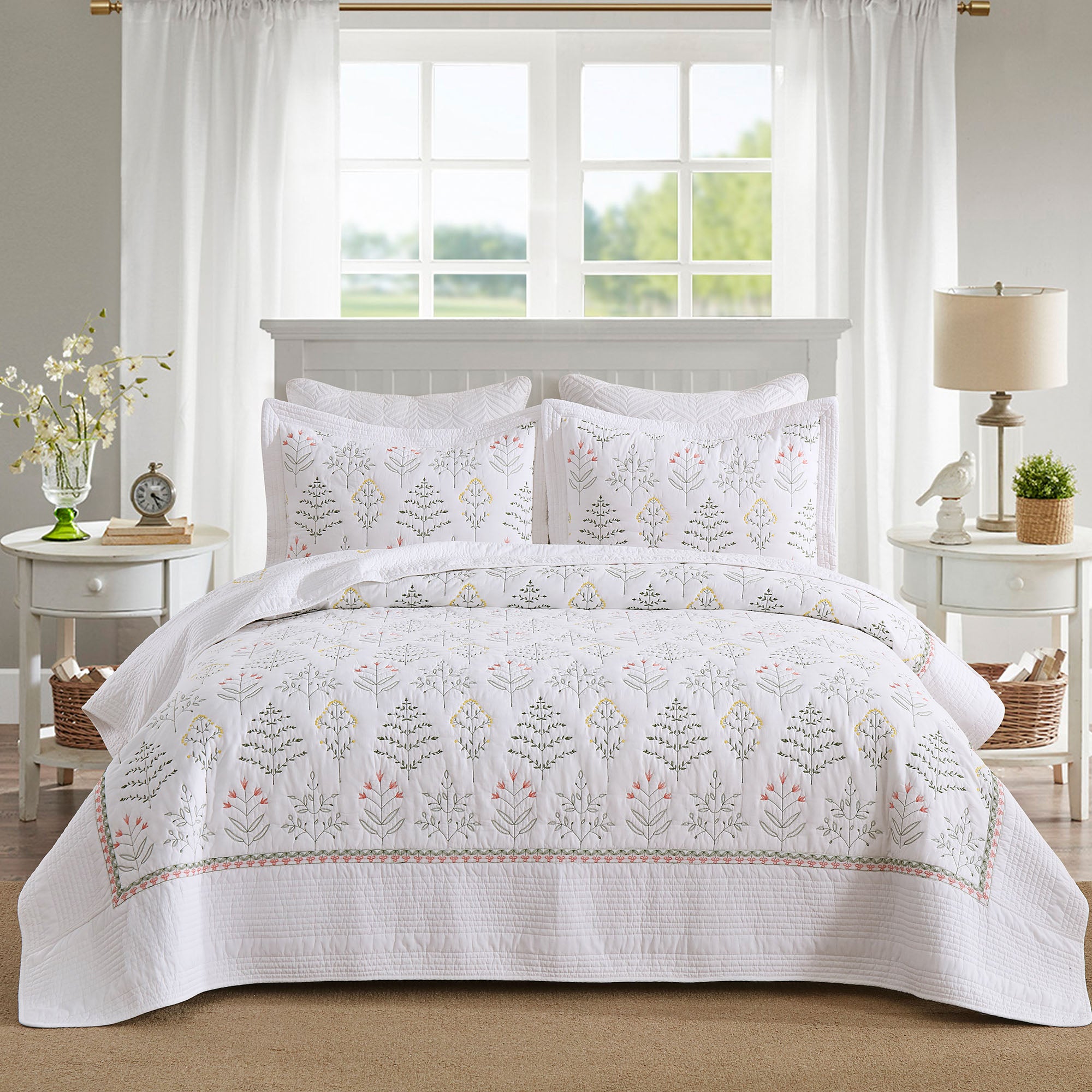 Oversized 3 Piece 100% Cotton Botanical Embroidered Quilt Set – Farmhouse Bedspread TL139