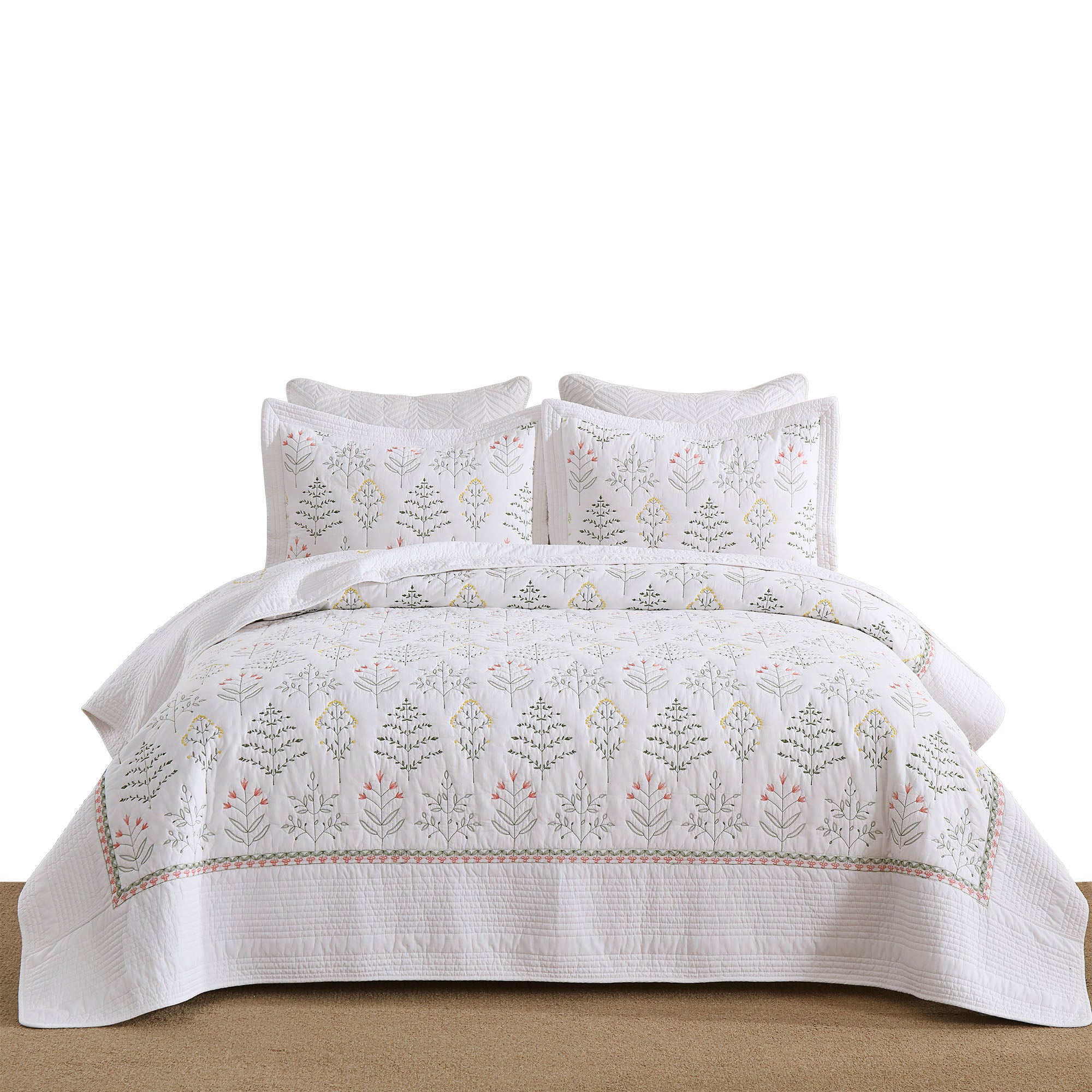 Oversized 3 Piece 100% Cotton Botanical Embroidered Quilt Set – Farmhouse Bedspread TL139