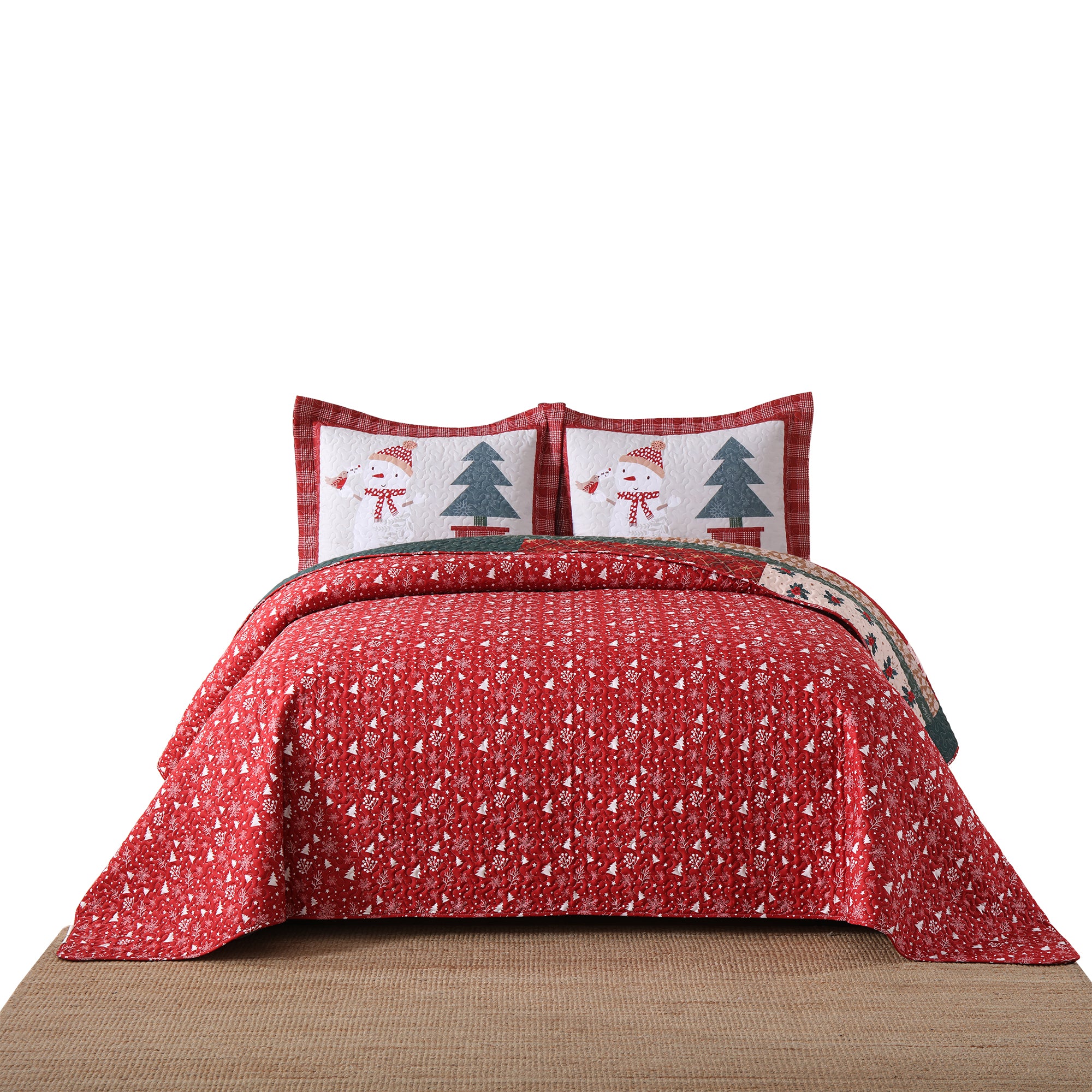 3 Pcs Snowman & Tree Christmas Quilt Reversible Holiday Bedspread Set BY217