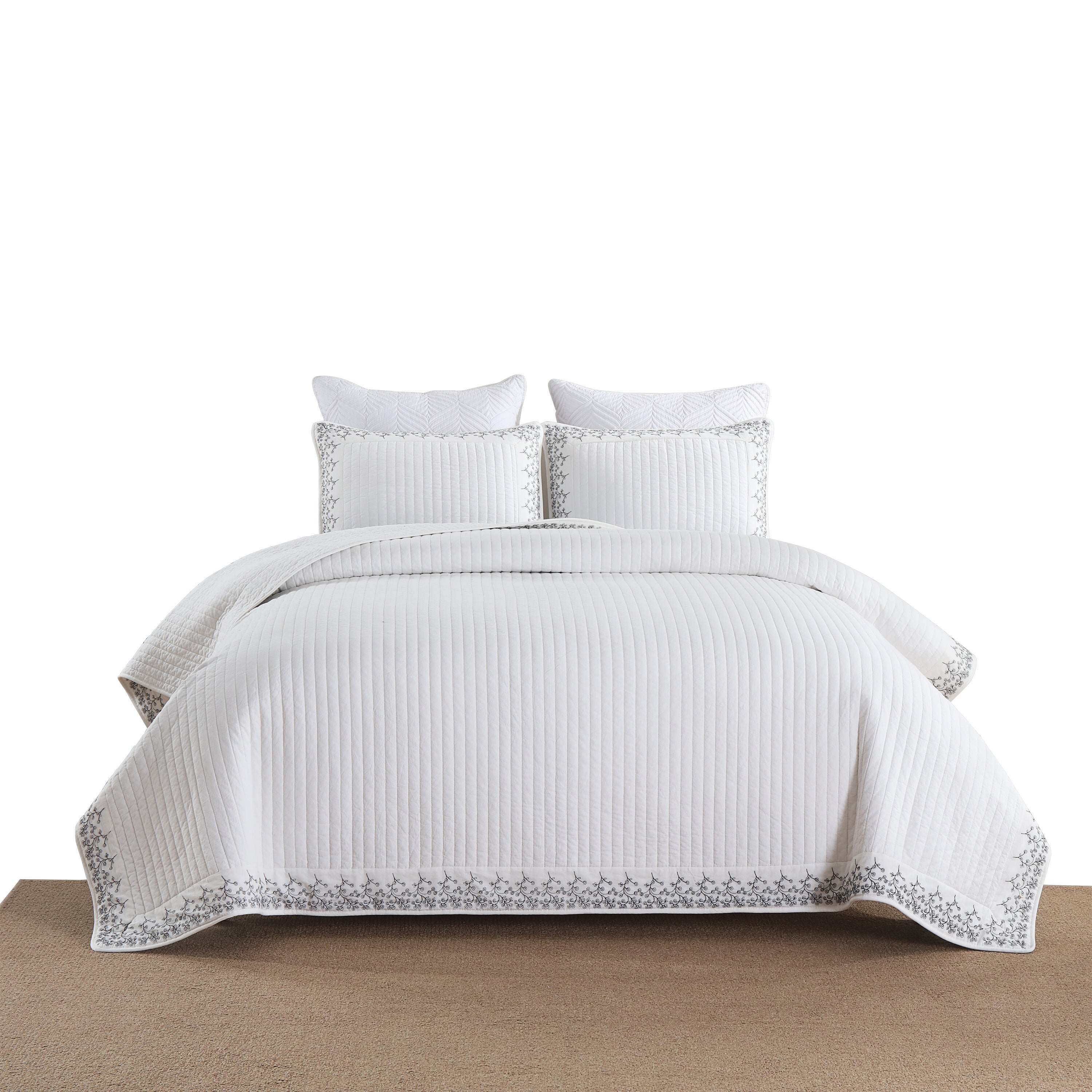 3 Piece 100% Cotton White Striped Embroidered Quilt Bedspread Set TC134