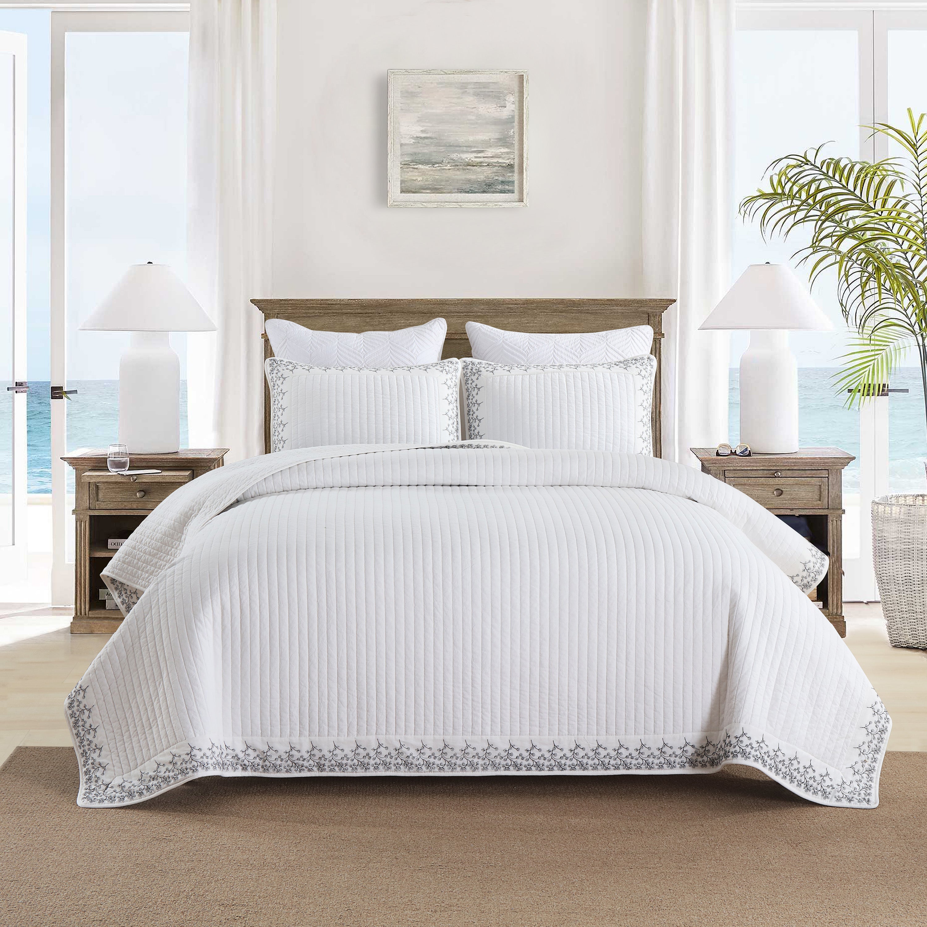 3 Piece 100% Cotton White Striped Embroidered Quilt Bedspread Set TC134