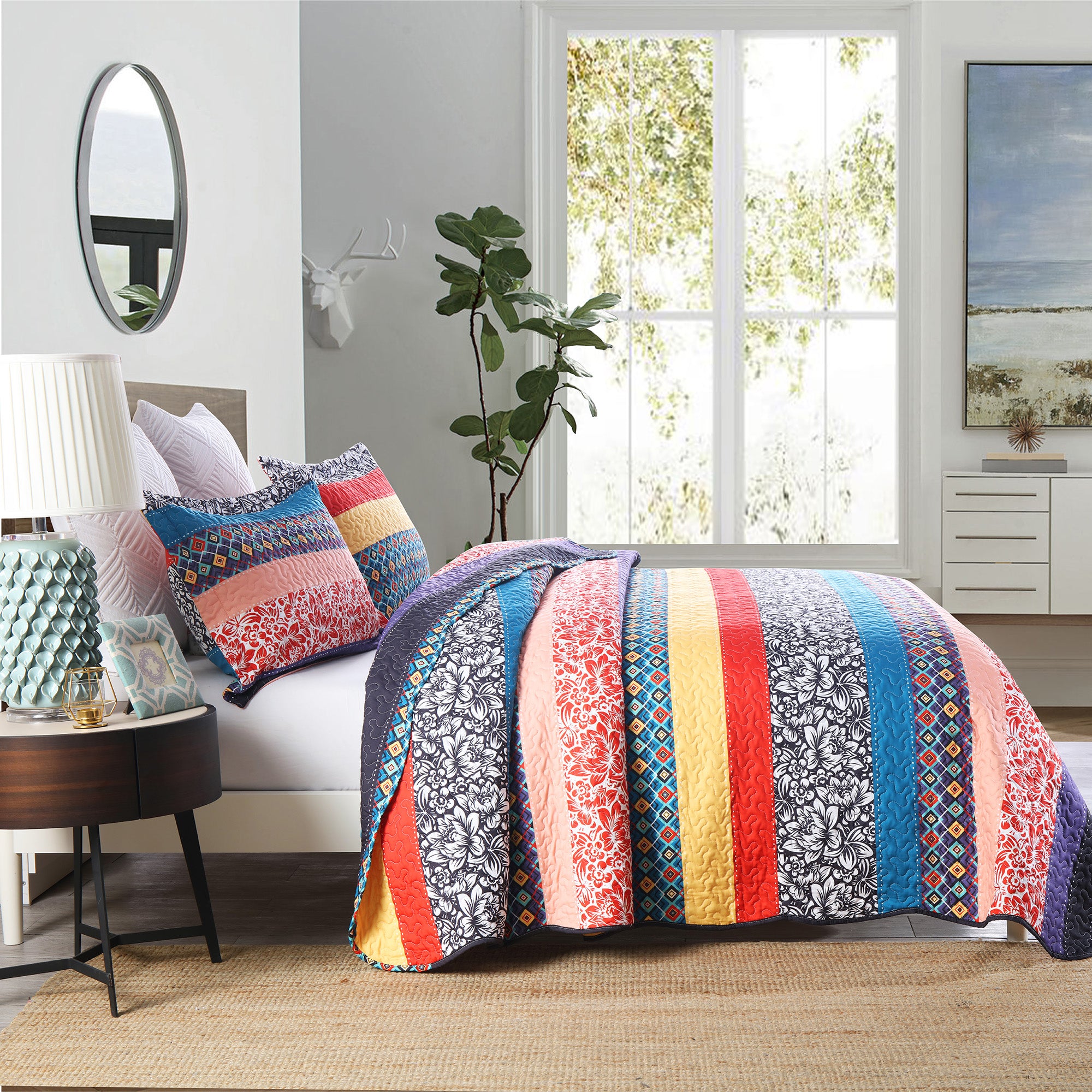 Soft Polyester 3 Pcs Bohemian Striped Multicolor Quilt Bedspread Set BY221
