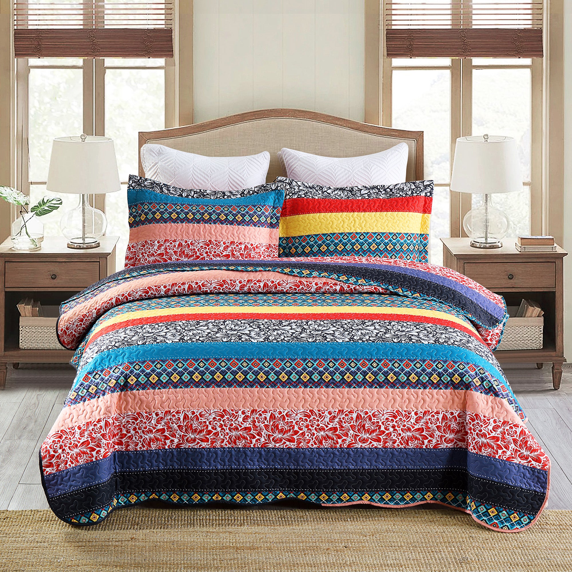 3 Piece Soft Polyester Bohemian Stripe Patchwork Quilt Bedspread Set BY221