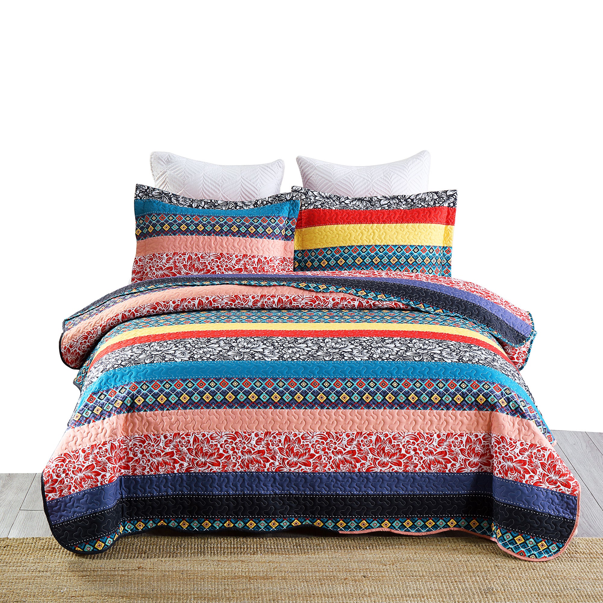 3 Piece Soft Polyester Bohemian Stripe Patchwork Quilt Bedspread Set BY221
