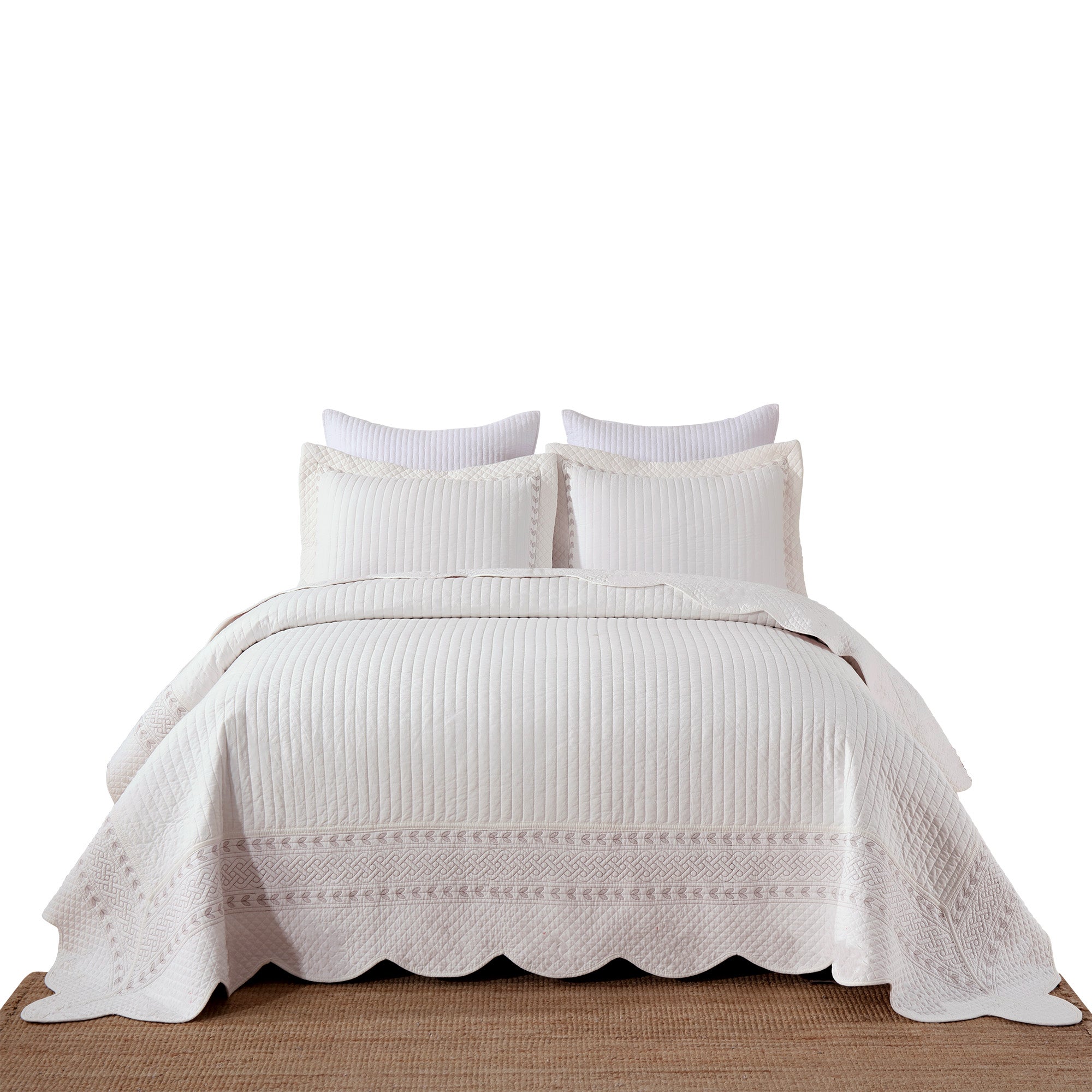 3 Piece 100% Cotton White Stripe Quilt Set – Classic Embroidered Bedspread TC150