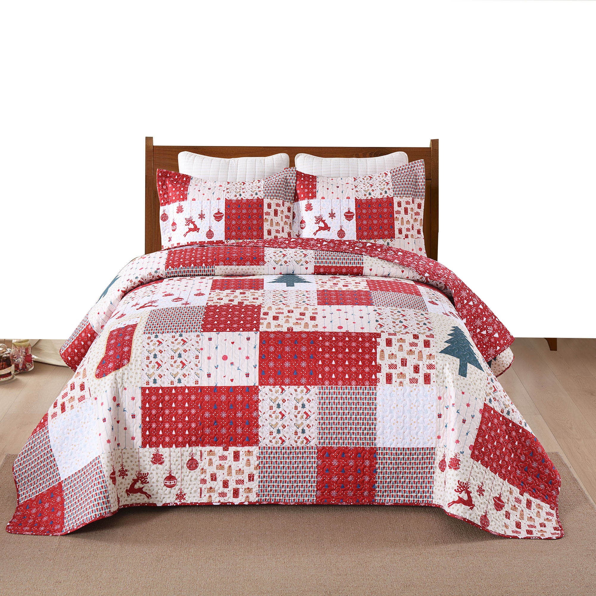 3 Piece Reversible Christmas Holiday Patchwork Quilt Bedspread Set BY216