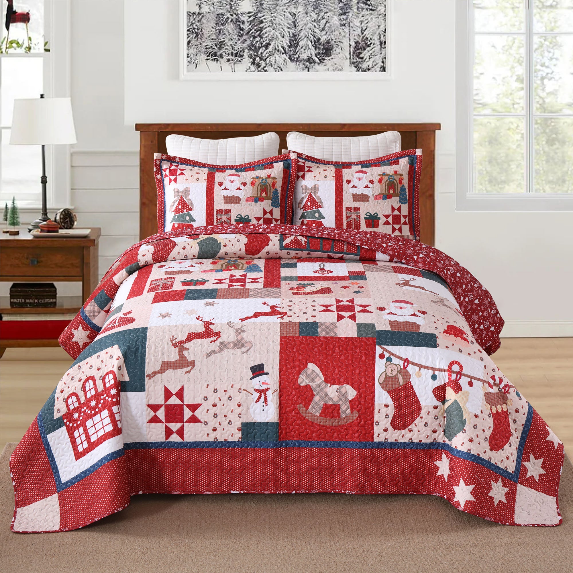 3 Piece Reversible Polyester Vintage Christmas Patchwork Quilt Set Holiday Bedspread BY220
