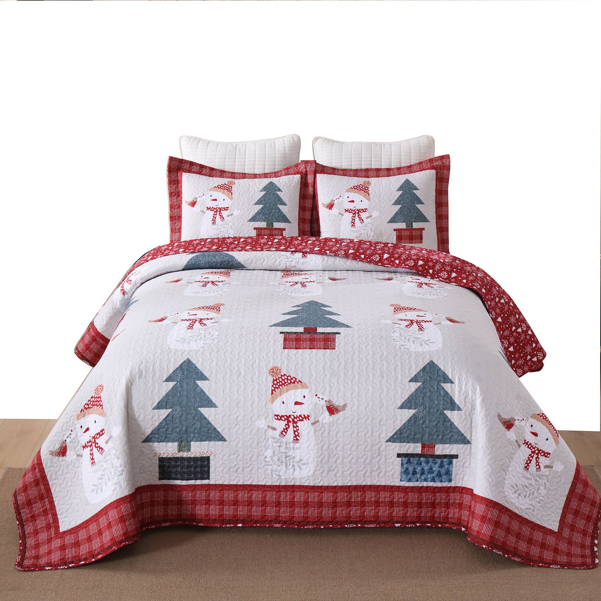 Snowman & Tree Holiday 3 Piece Reversible Polyester Christmas Quilt Set BY217