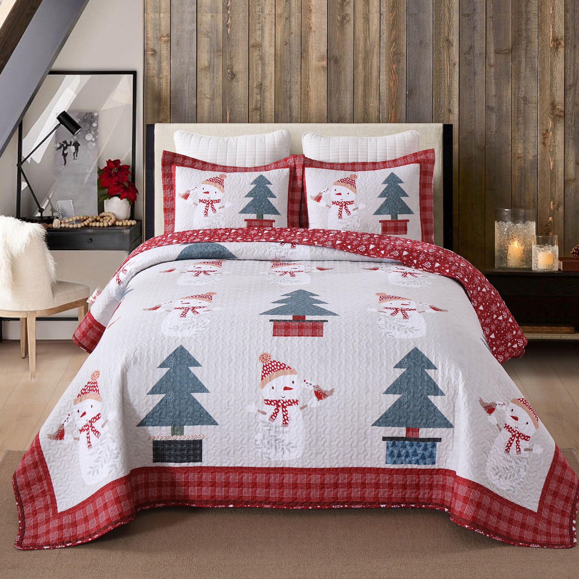 3 Pcs Snowman & Tree Christmas Quilt Reversible Holiday Bedspread Set BY217