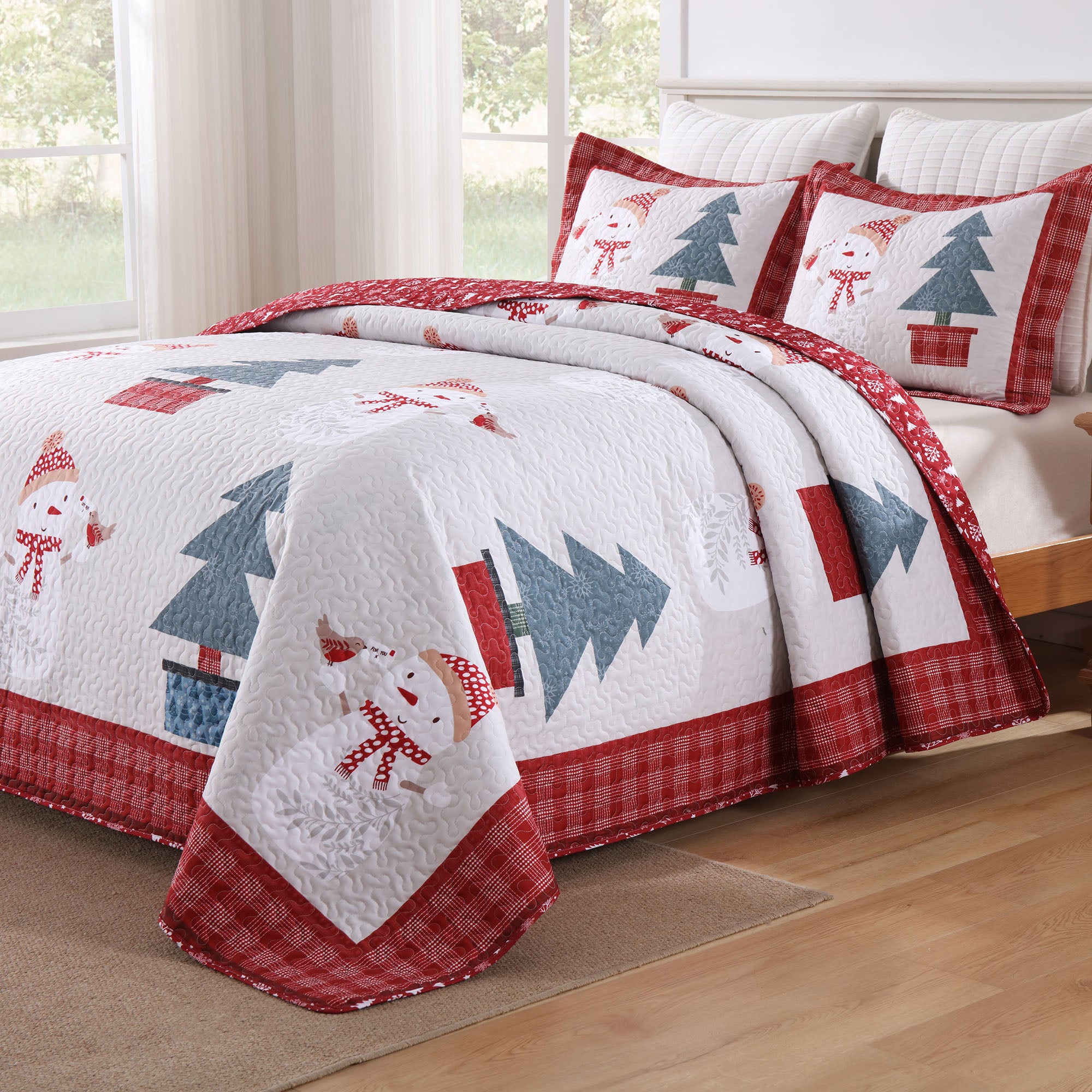 3 Pcs Snowman & Tree Christmas Quilt Reversible Holiday Bedspread Set BY217