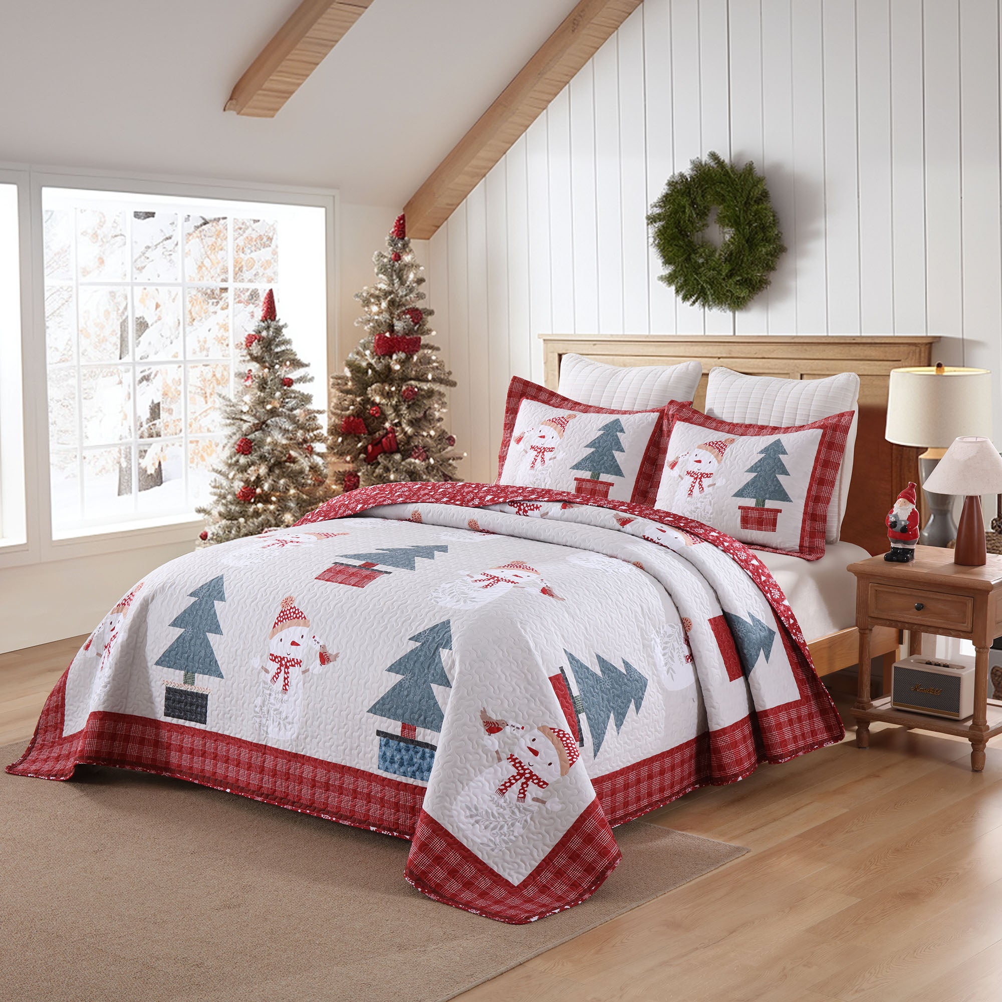 3 Pcs Snowman & Tree Christmas Quilt Reversible Holiday Bedspread Set BY217