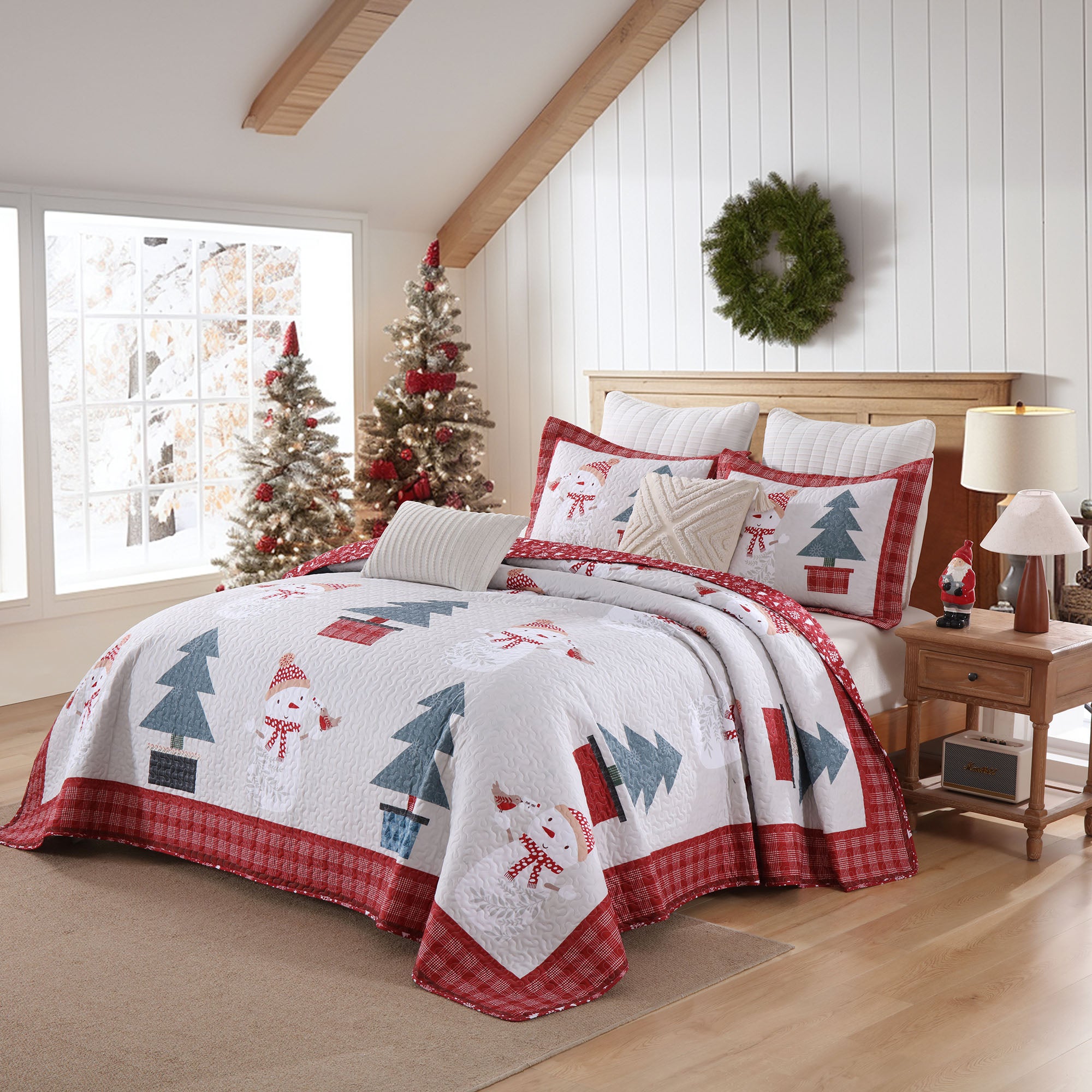 3 Pcs Snowman & Tree Christmas Quilt Reversible Holiday Bedspread Set BY217