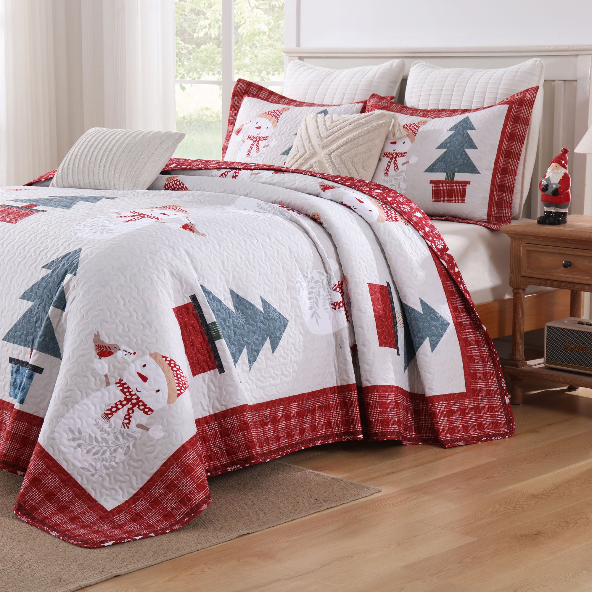 3 Pcs Snowman & Tree Christmas Quilt Reversible Holiday Bedspread Set BY217