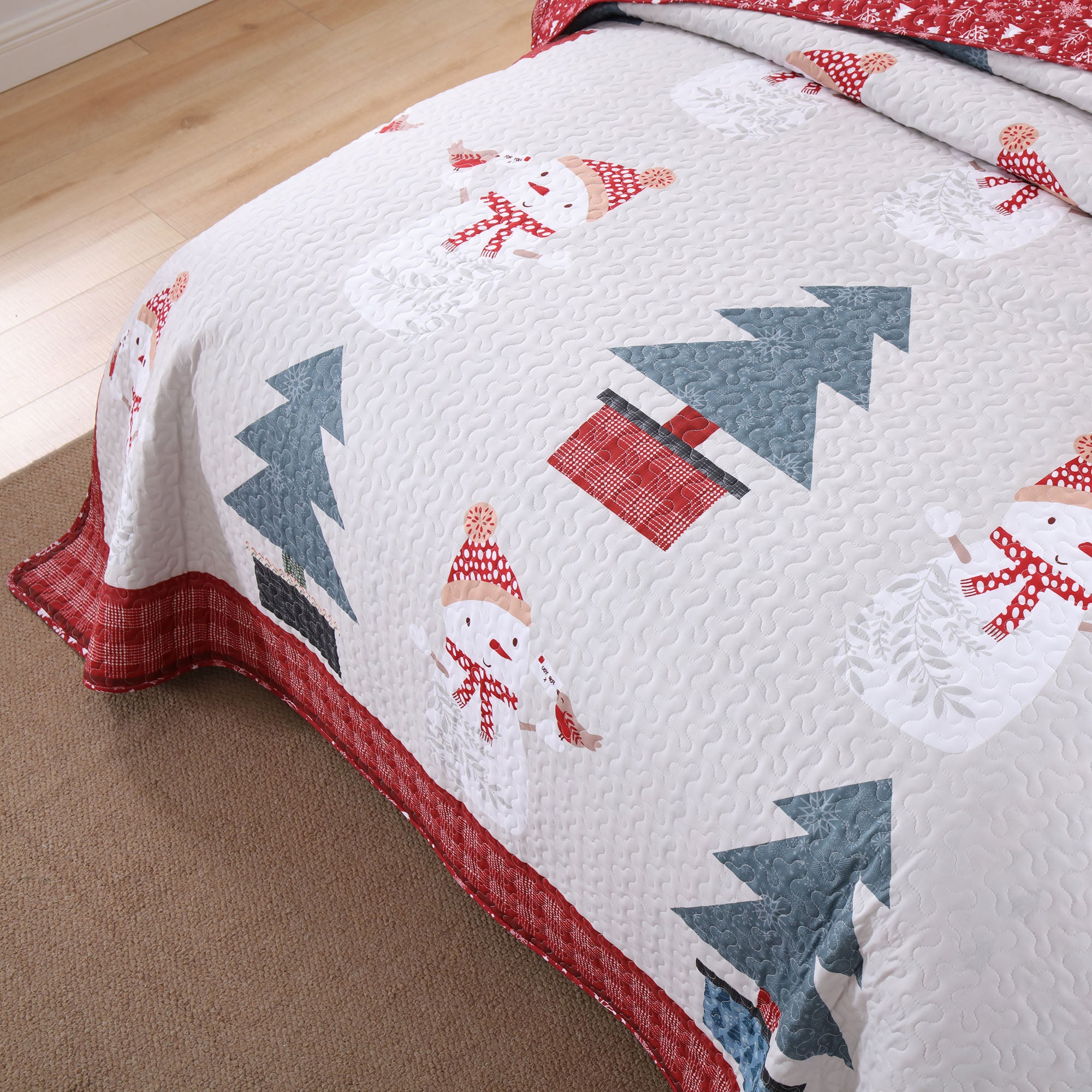 3 Pcs Snowman & Tree Christmas Quilt Reversible Holiday Bedspread Set BY217