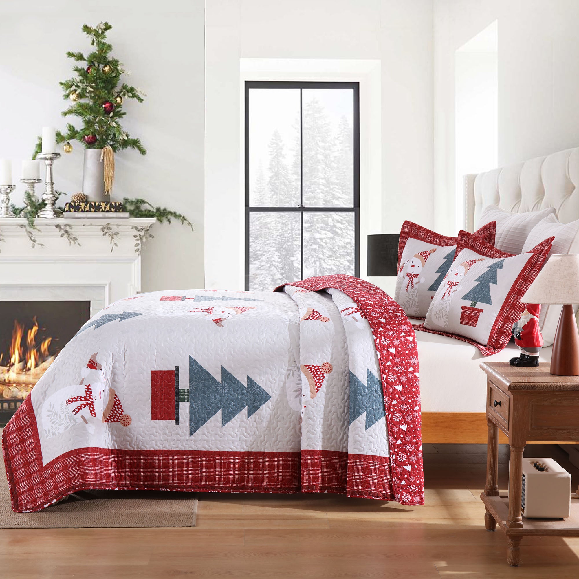 3 Pcs Snowman & Tree Christmas Quilt Reversible Holiday Bedspread Set BY217