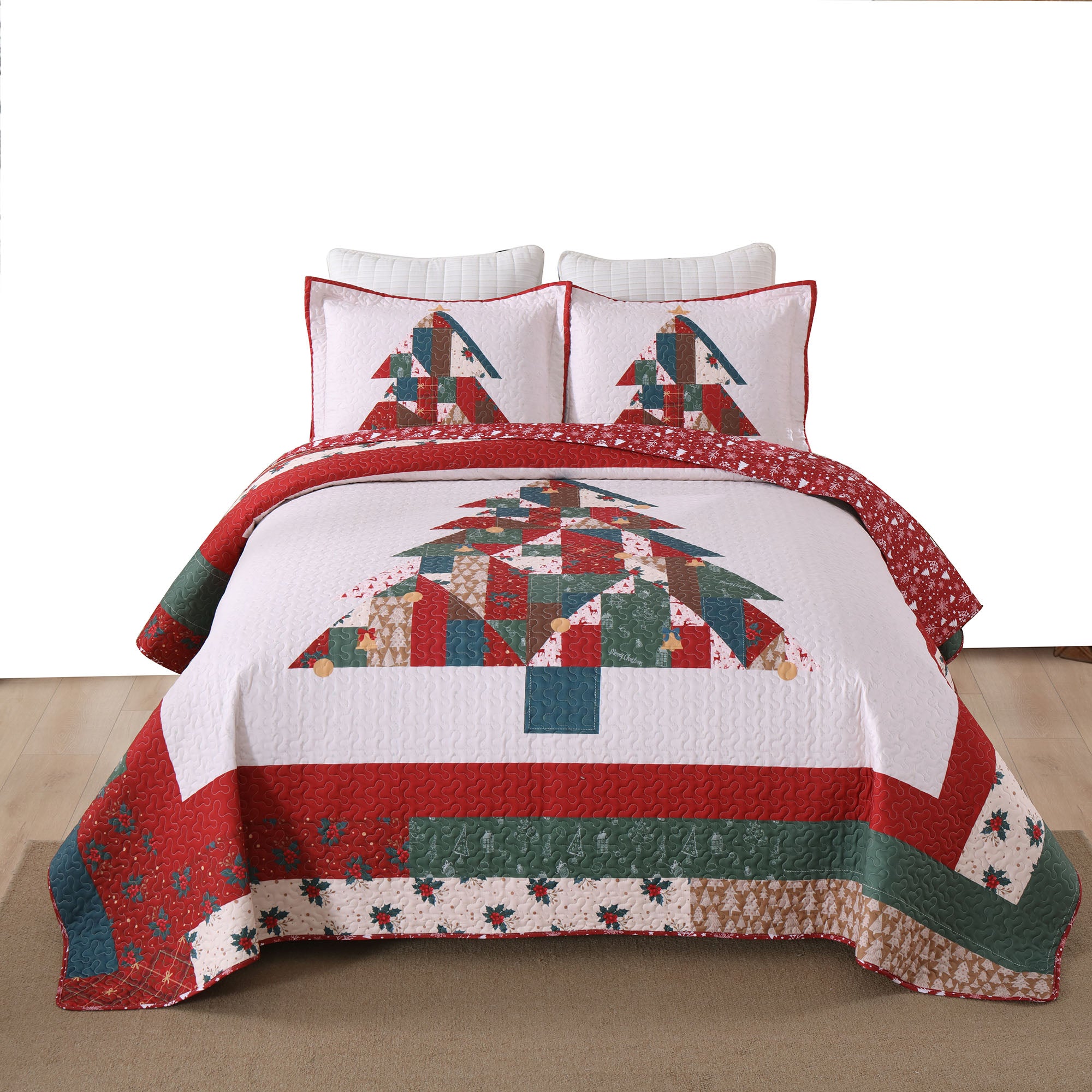 3 Piece Reversible Polyester Christmas Tree Patchwork Quilt Set - Holiday Bedspread Set BY218