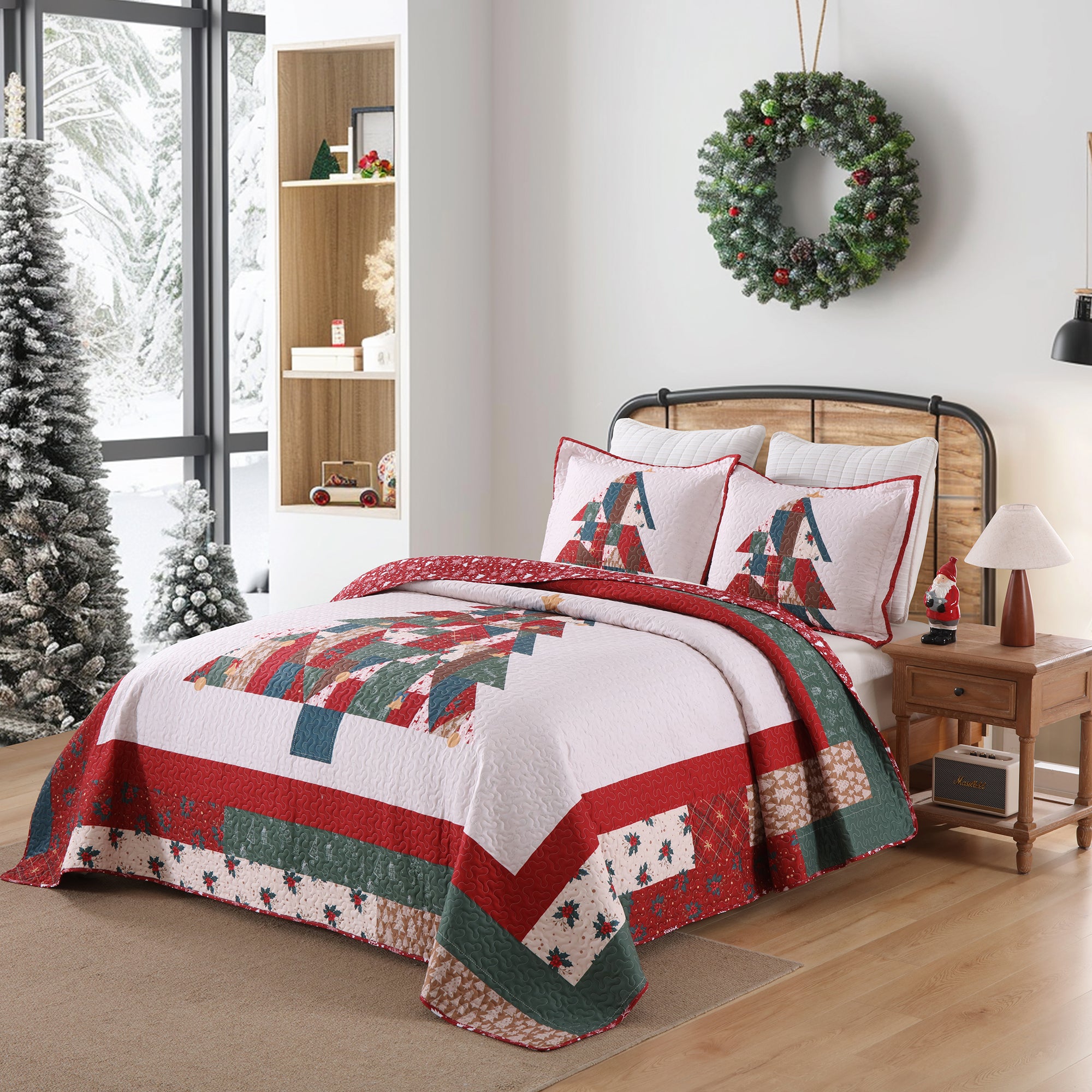 3 Piece Reversible Polyester Christmas Tree Patchwork Quilt Set - Holiday Bedspread Set BY218