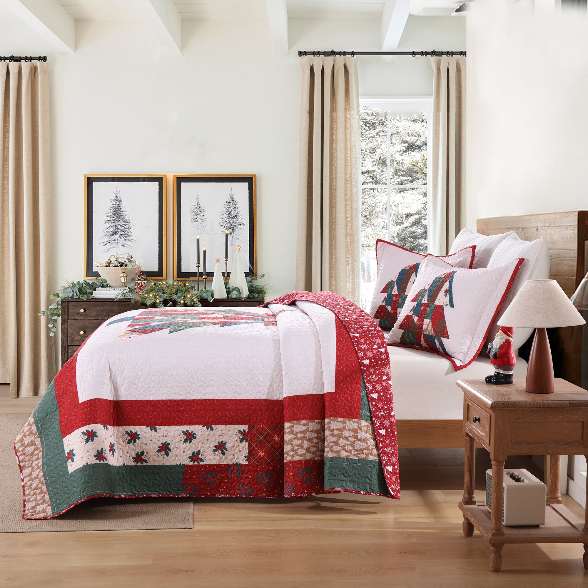 3 Piece Reversible Polyester Christmas Tree Patchwork Quilt Set - Holiday Bedspread Set BY218