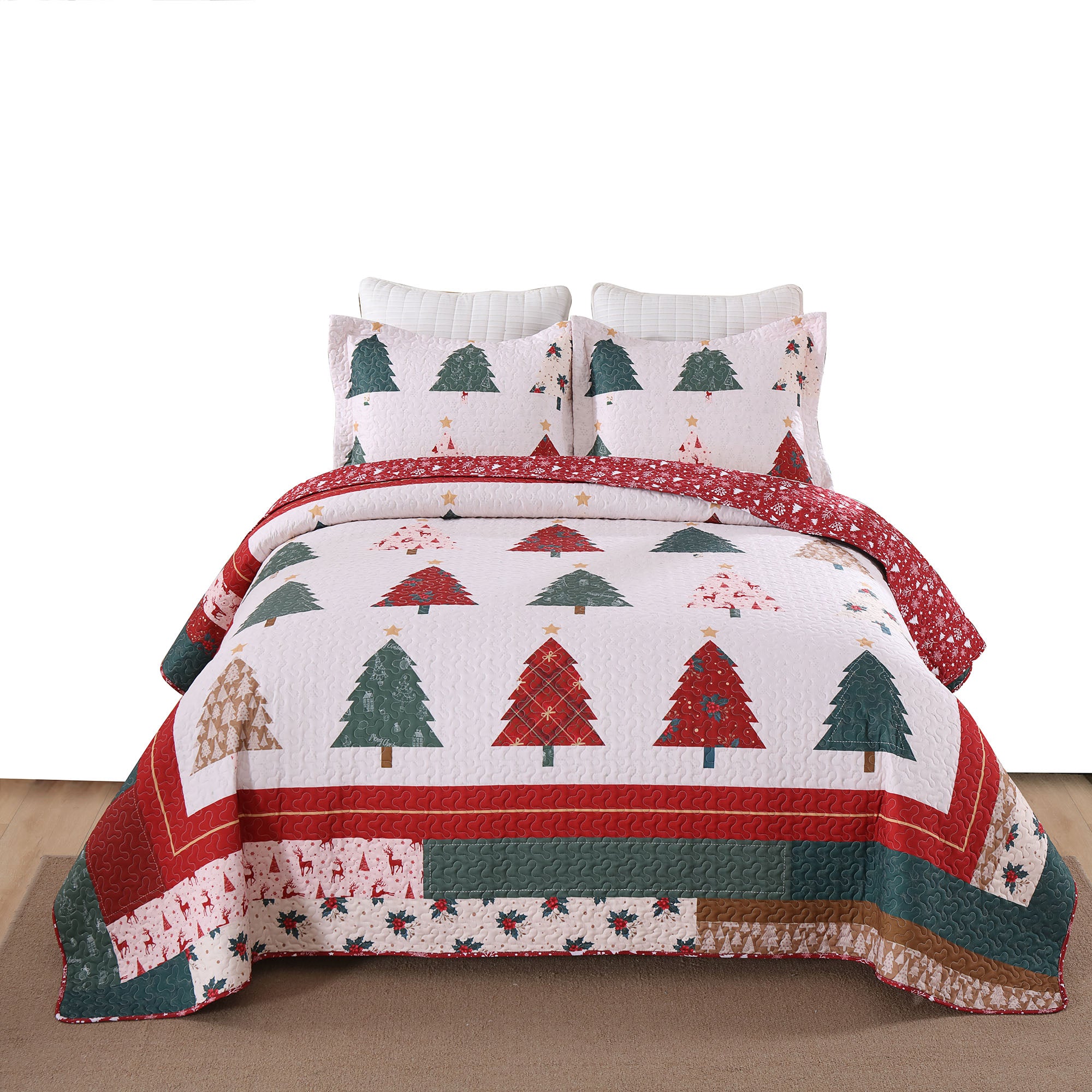 3 Piece Reversible Polyester Christmas Tree Quilt Set - Holiday Forest Bedspread BY219